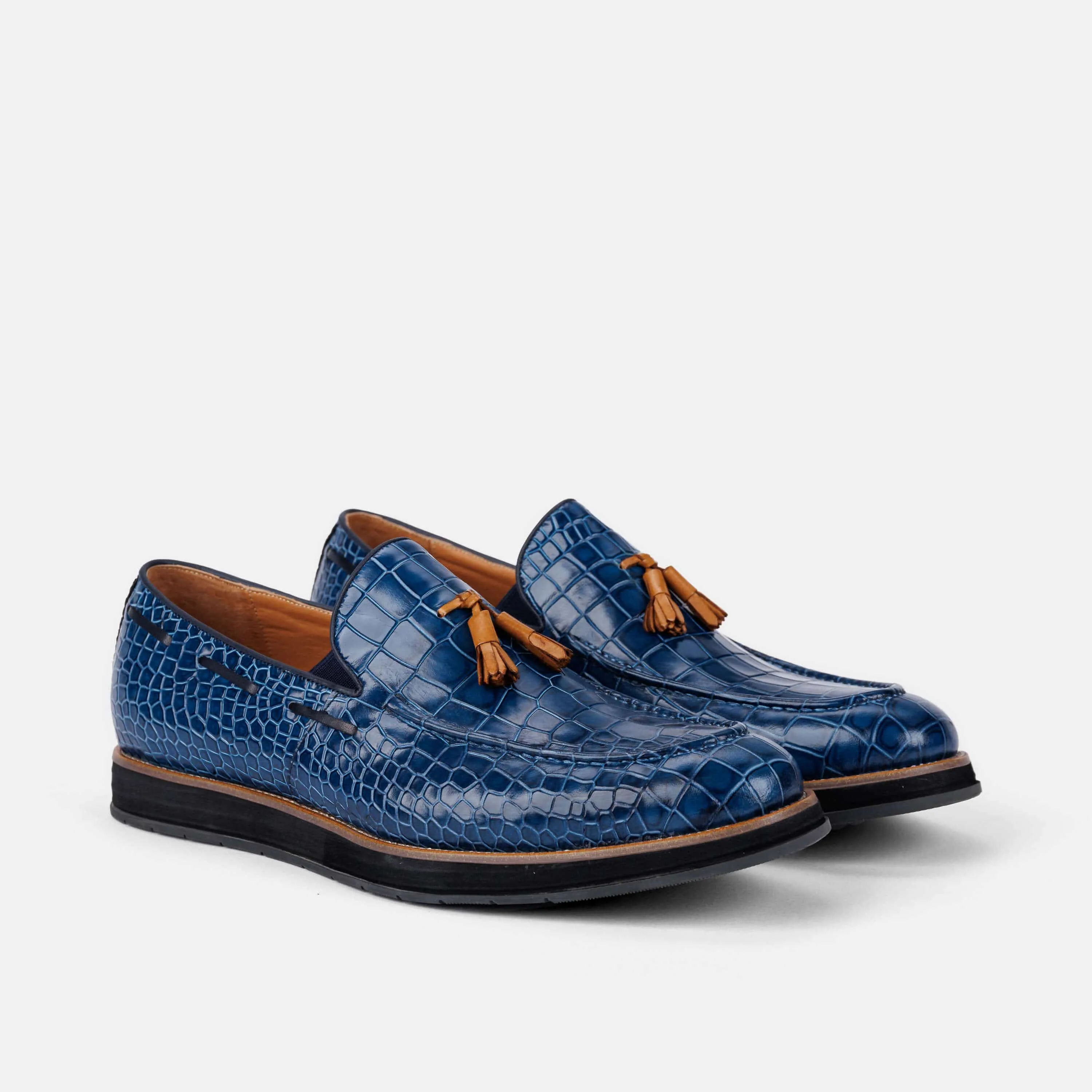 Mocassins Apollo à franges en peau de crocodile bleu