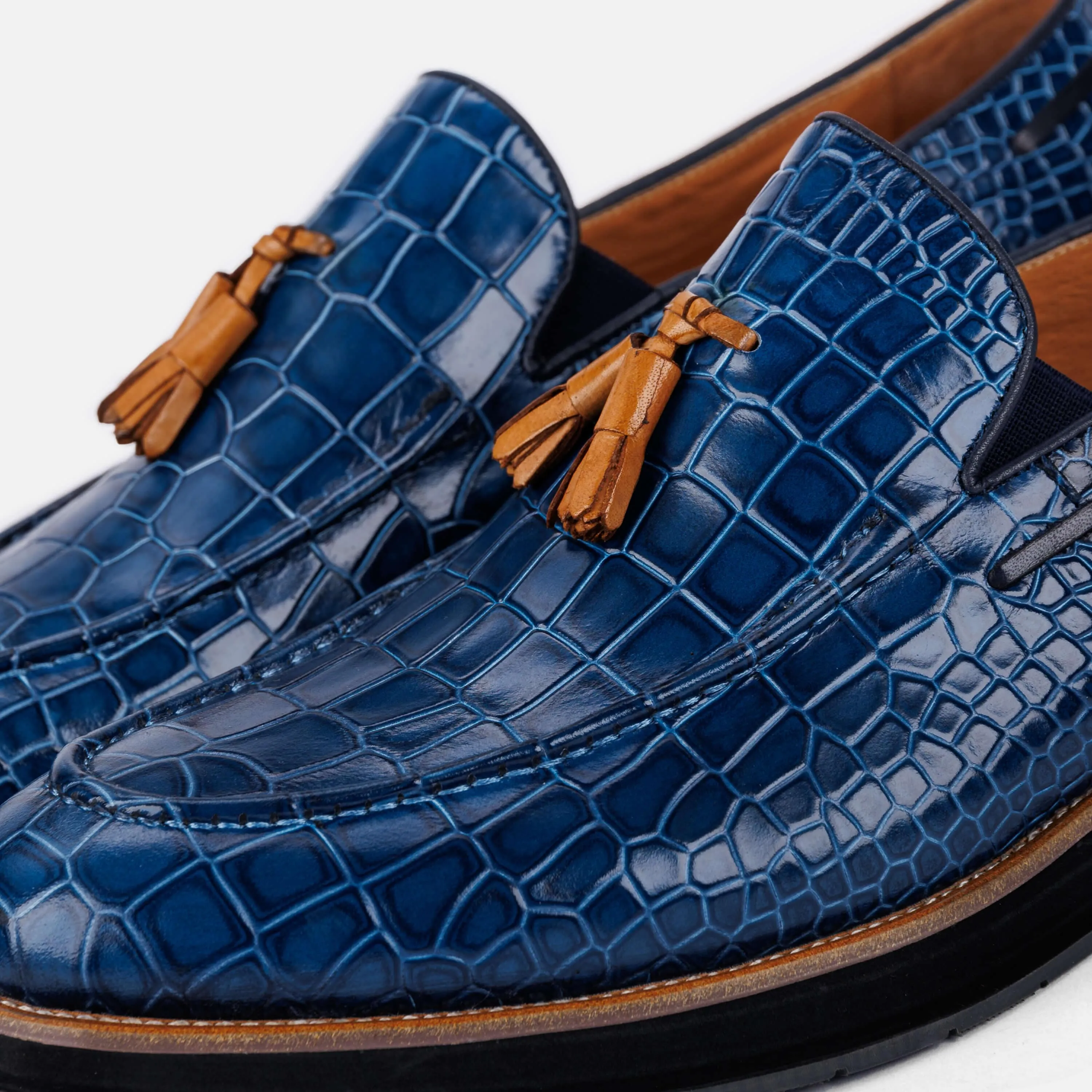 Mocassins Apollo à franges en peau de crocodile bleu