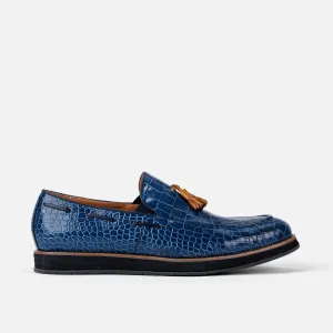 Mocassins Apollo à franges en peau de crocodile bleu