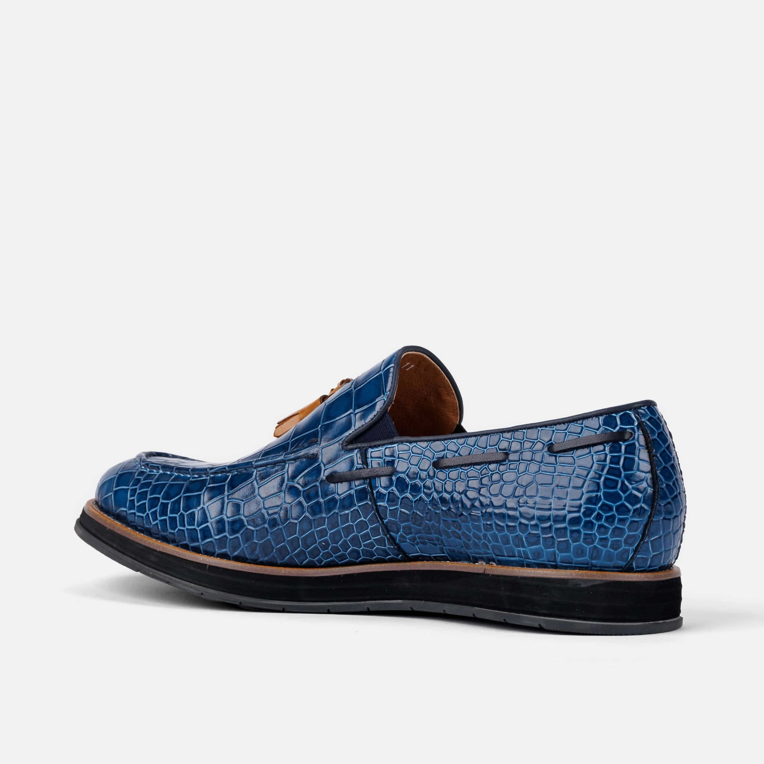 Mocassins Apollo à franges en peau de crocodile bleu