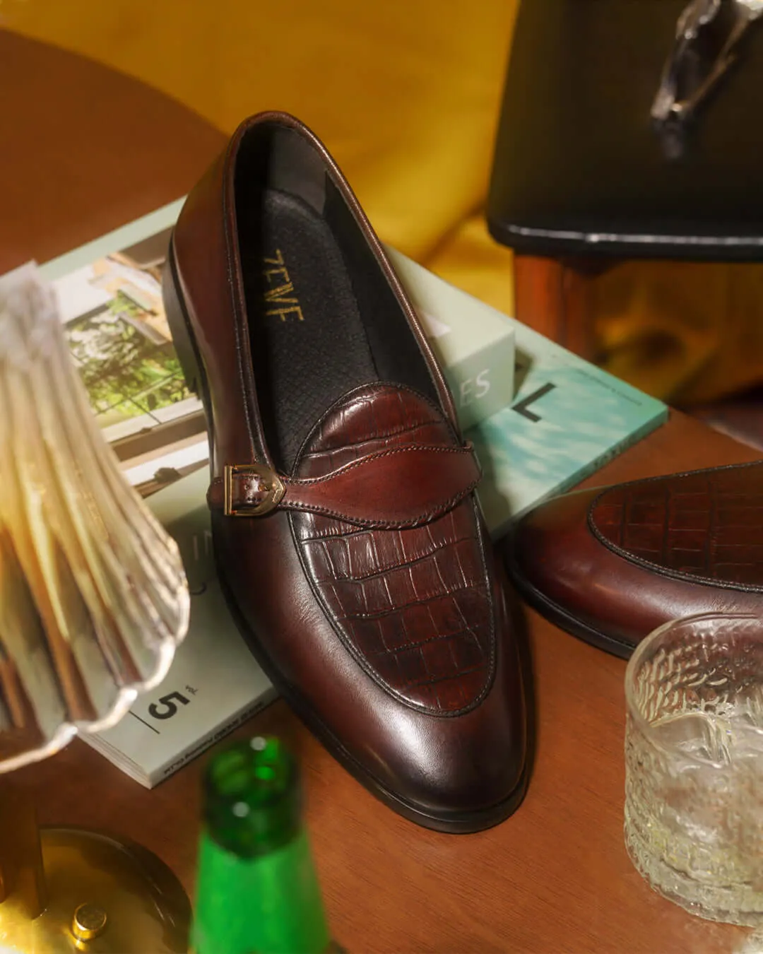 Belgian Croco Single Strap - Café (Patine Peinte à la Main)