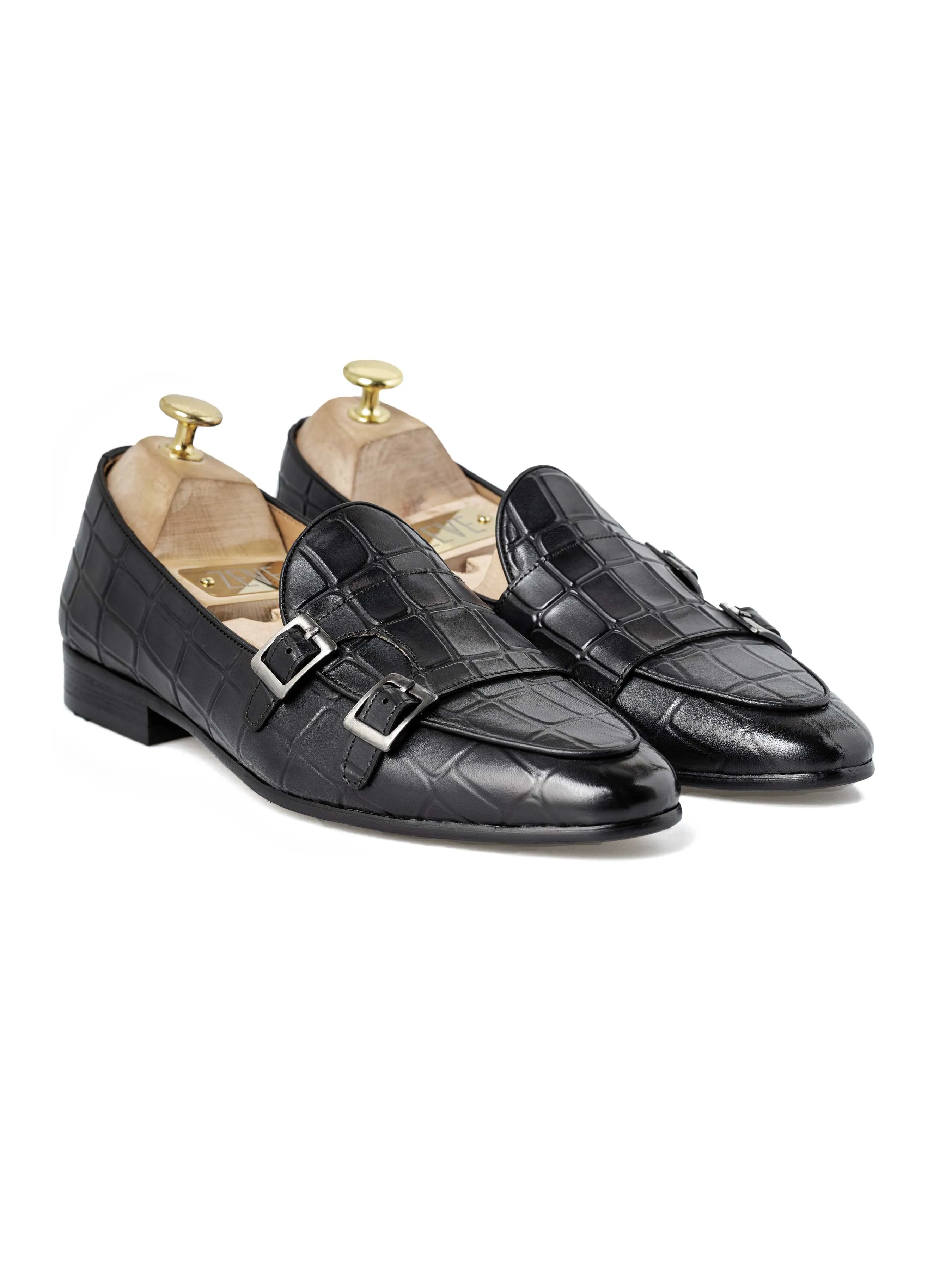 Loafer Belge - Double Boucle Moine Noir Gris Croco (Patine Peinte à la Main)