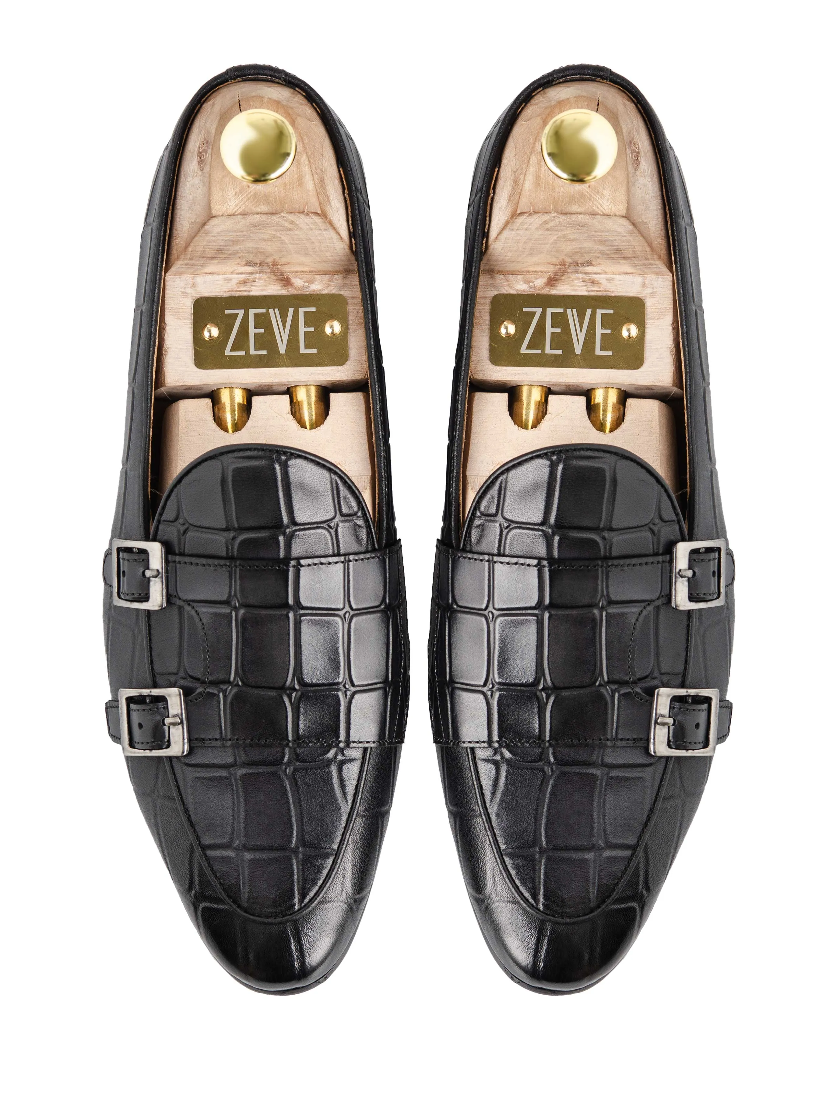 Loafer Belge - Double Boucle Moine Noir Gris Croco (Patine Peinte à la Main)