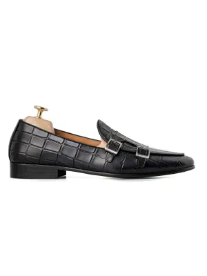 Loafer Belge - Double Boucle Moine Noir Gris Croco (Patine Peinte à la Main)