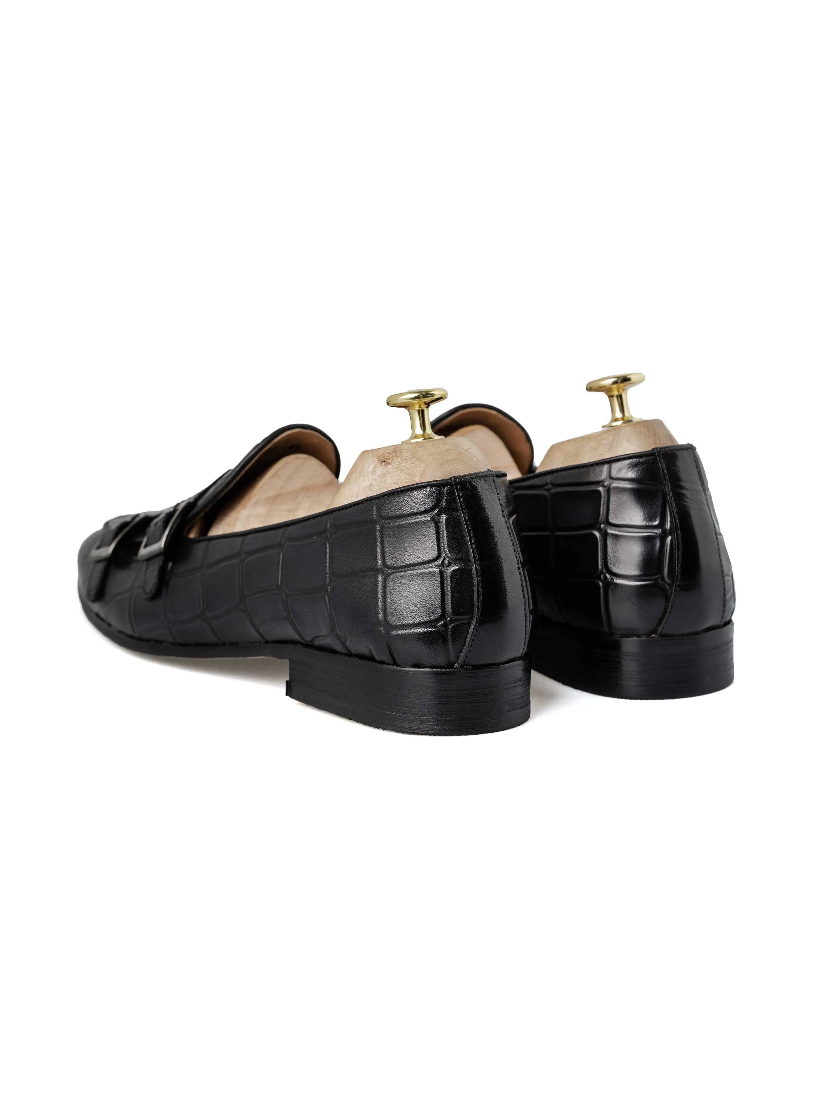 Loafer Belge - Double Boucle Moine Noir Gris Croco (Patine Peinte à la Main)