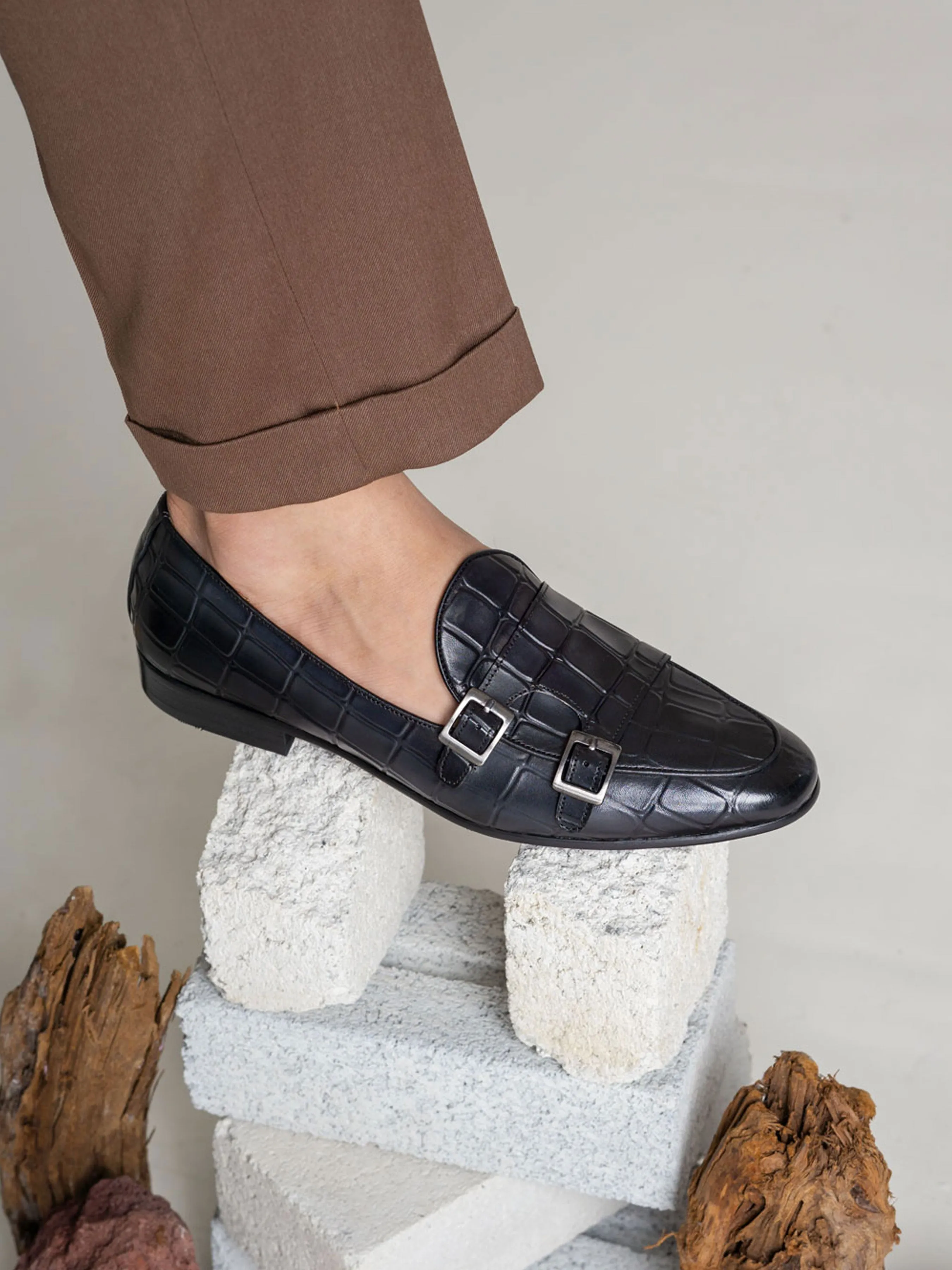 Loafer Belge - Double Boucle Moine Noir Gris Croco (Patine Peinte à la Main)