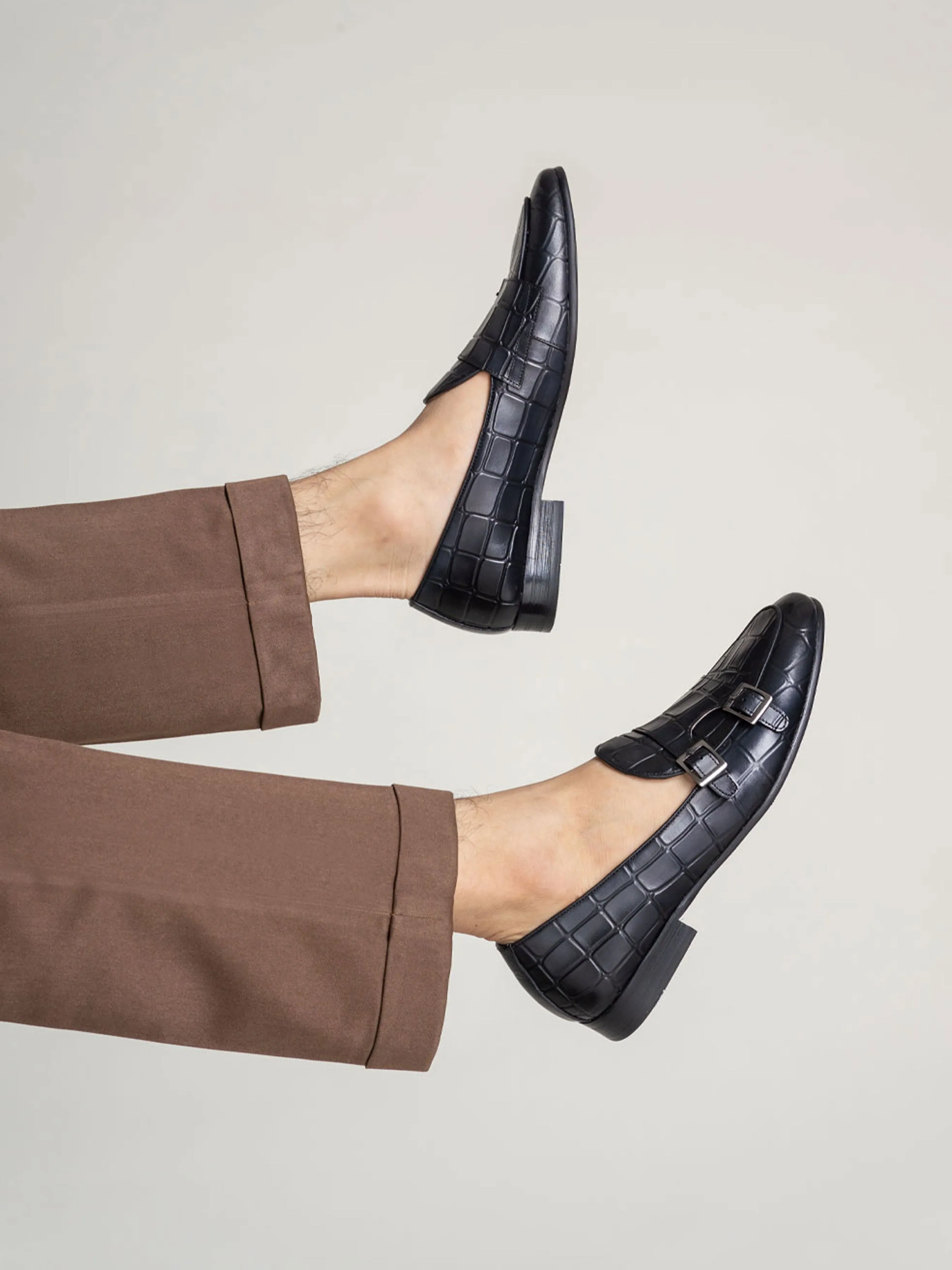 Loafer Belge - Double Boucle Moine Noir Gris Croco (Patine Peinte à la Main)