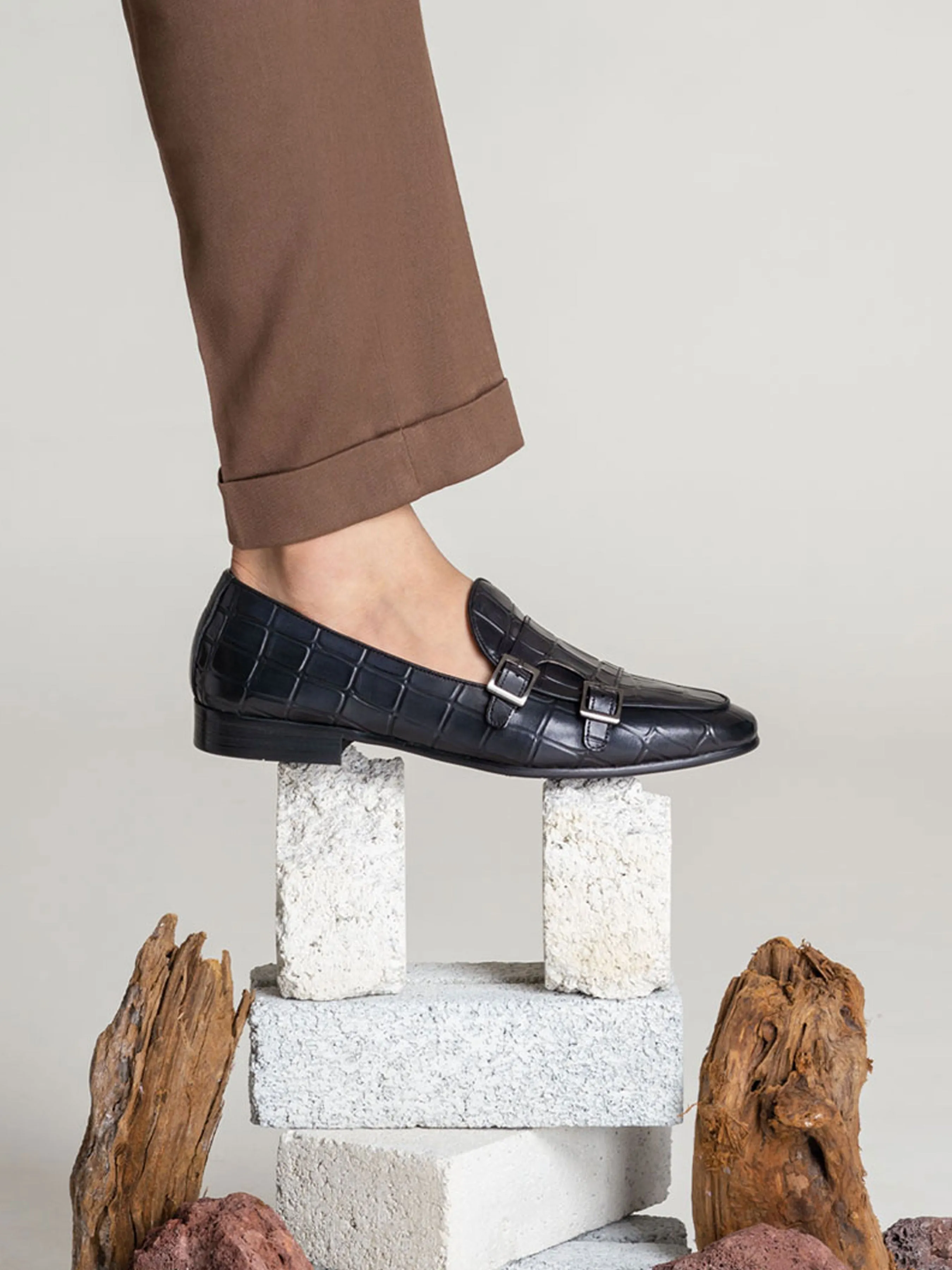 Loafer Belge - Double Boucle Moine Noir Gris Croco (Patine Peinte à la Main)