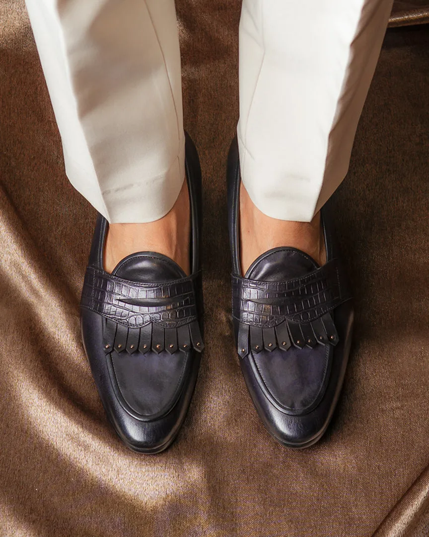 Belgian Loafer - Noir Gris Python avec Bride Penny à Franges Cloutées (Patine Peinte à la Main)