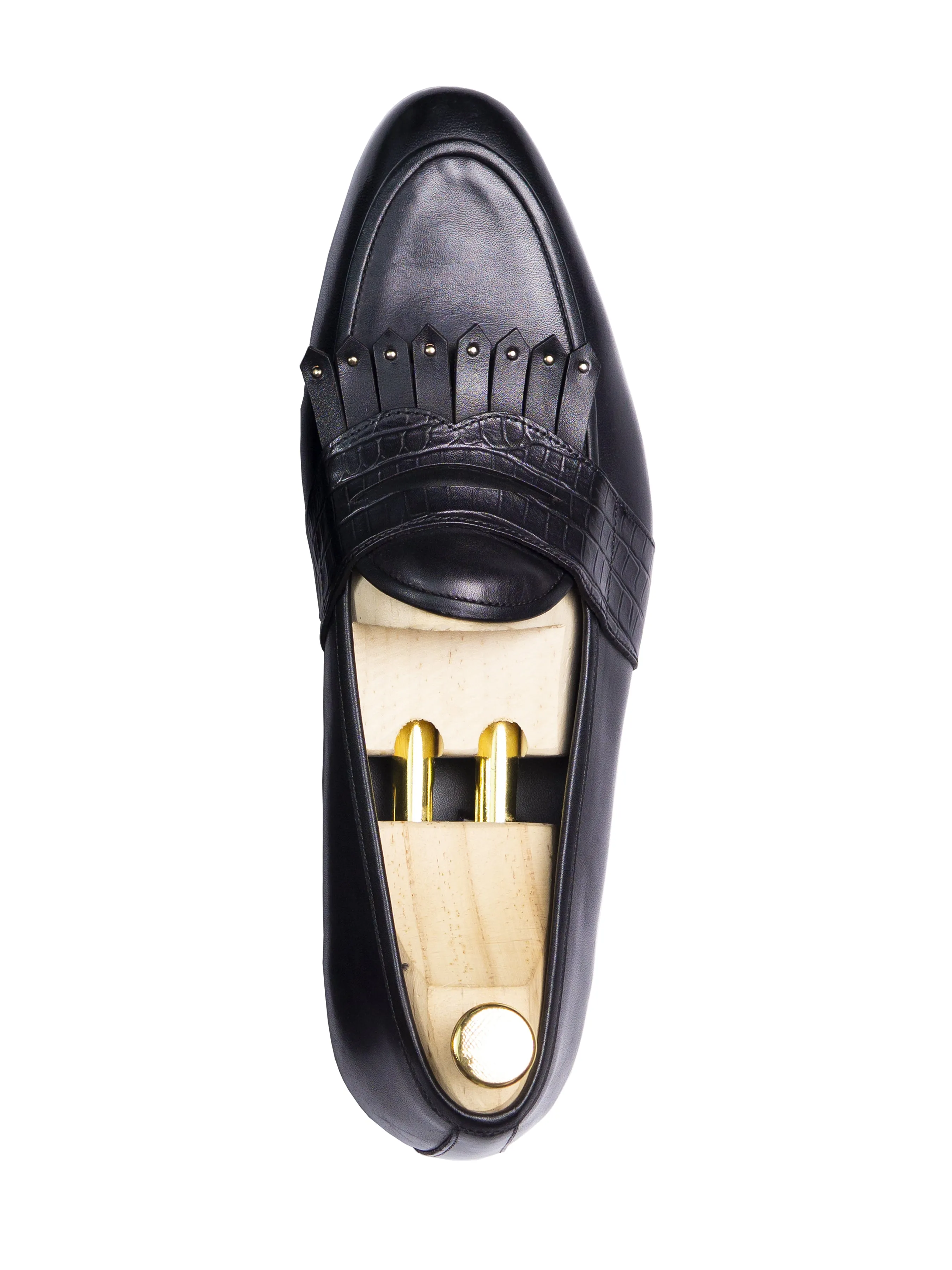 Belgian Loafer - Noir Gris Python avec Bride Penny à Franges Cloutées (Patine Peinte à la Main)