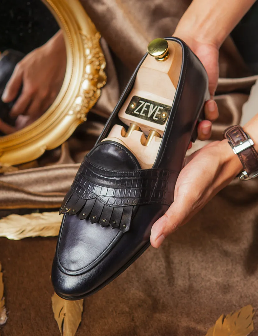 Belgian Loafer - Noir Gris Python avec Bride Penny à Franges Cloutées (Patine Peinte à la Main)