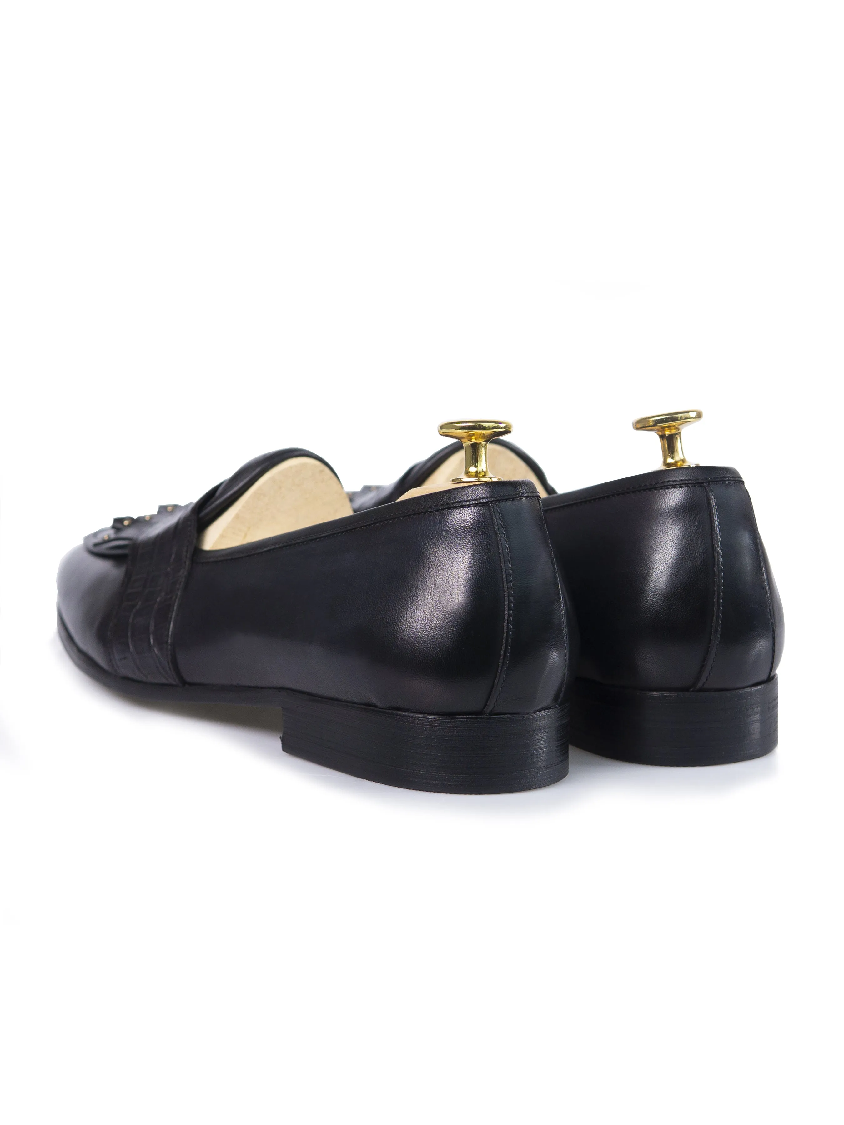 Belgian Loafer - Noir Gris Python avec Bride Penny à Franges Cloutées (Patine Peinte à la Main)
