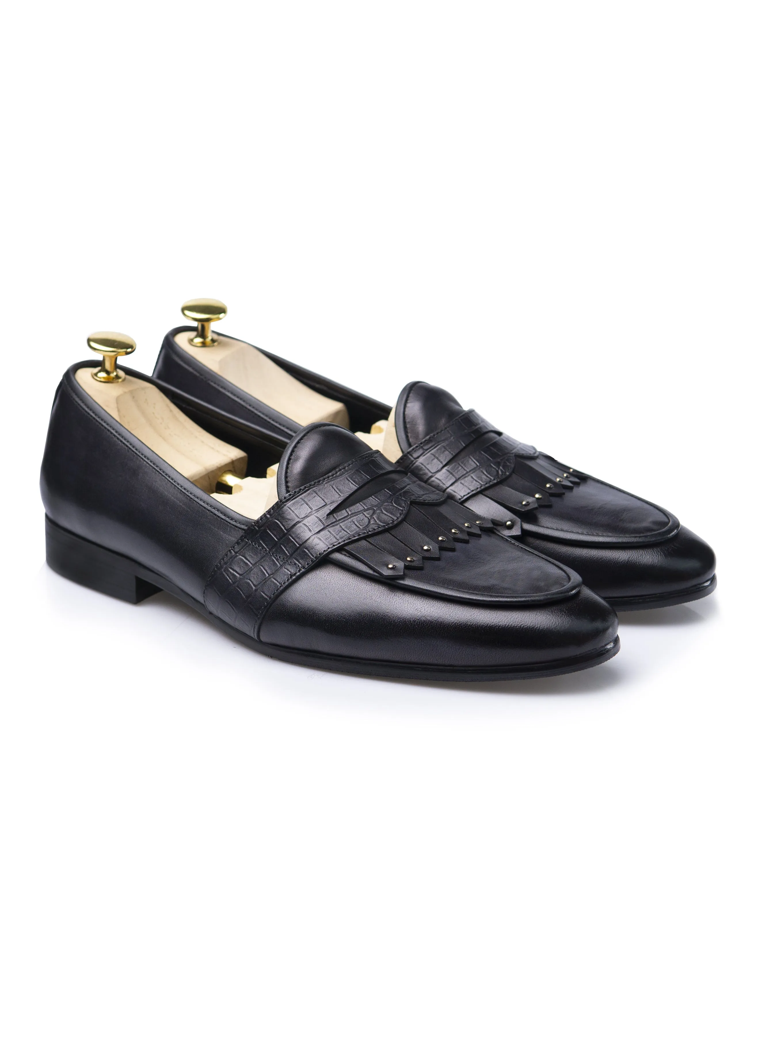 Belgian Loafer - Noir Gris Python avec Bride Penny à Franges Cloutées (Patine Peinte à la Main)
