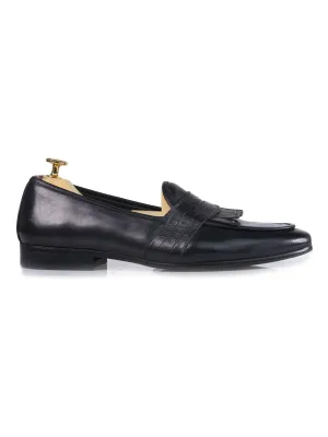 Belgian Loafer - Noir Gris Python avec Bride Penny à Franges Cloutées (Patine Peinte à la Main)