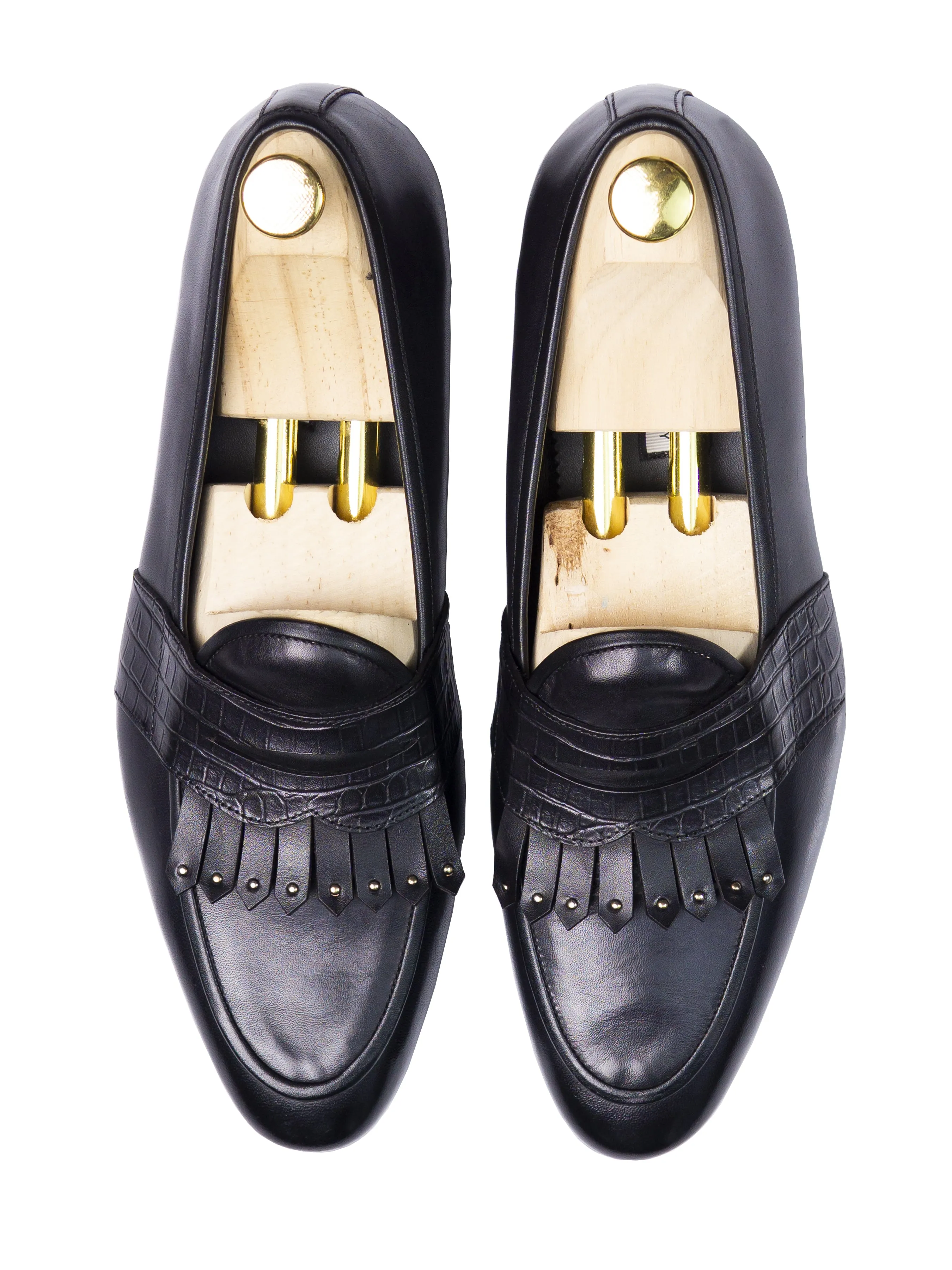 Belgian Loafer - Noir Gris Python avec Bride Penny à Franges Cloutées (Patine Peinte à la Main)