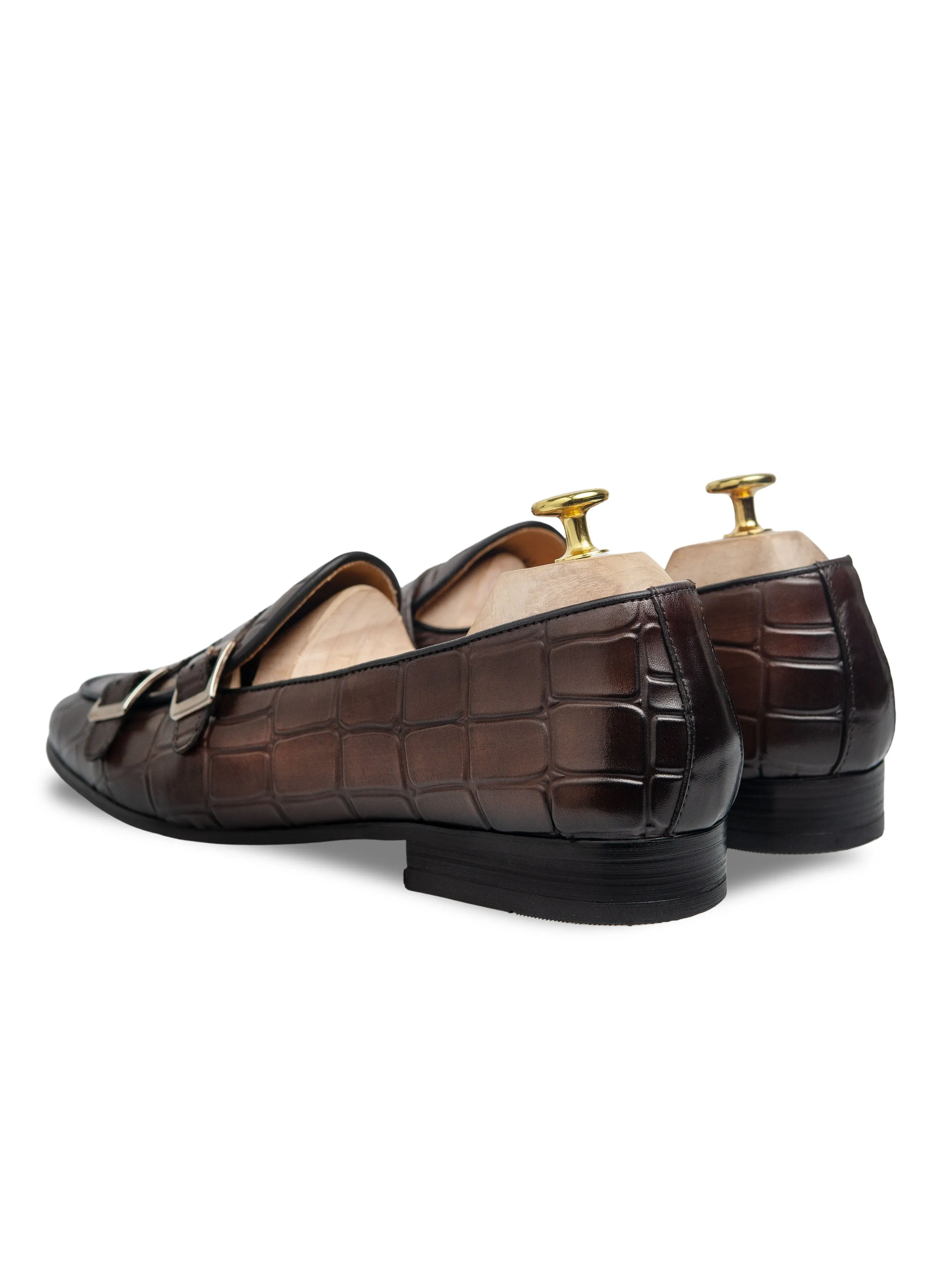 Loafer Belge - Double Boucle Croco Brun Foncé (Patine Peinte à la Main)