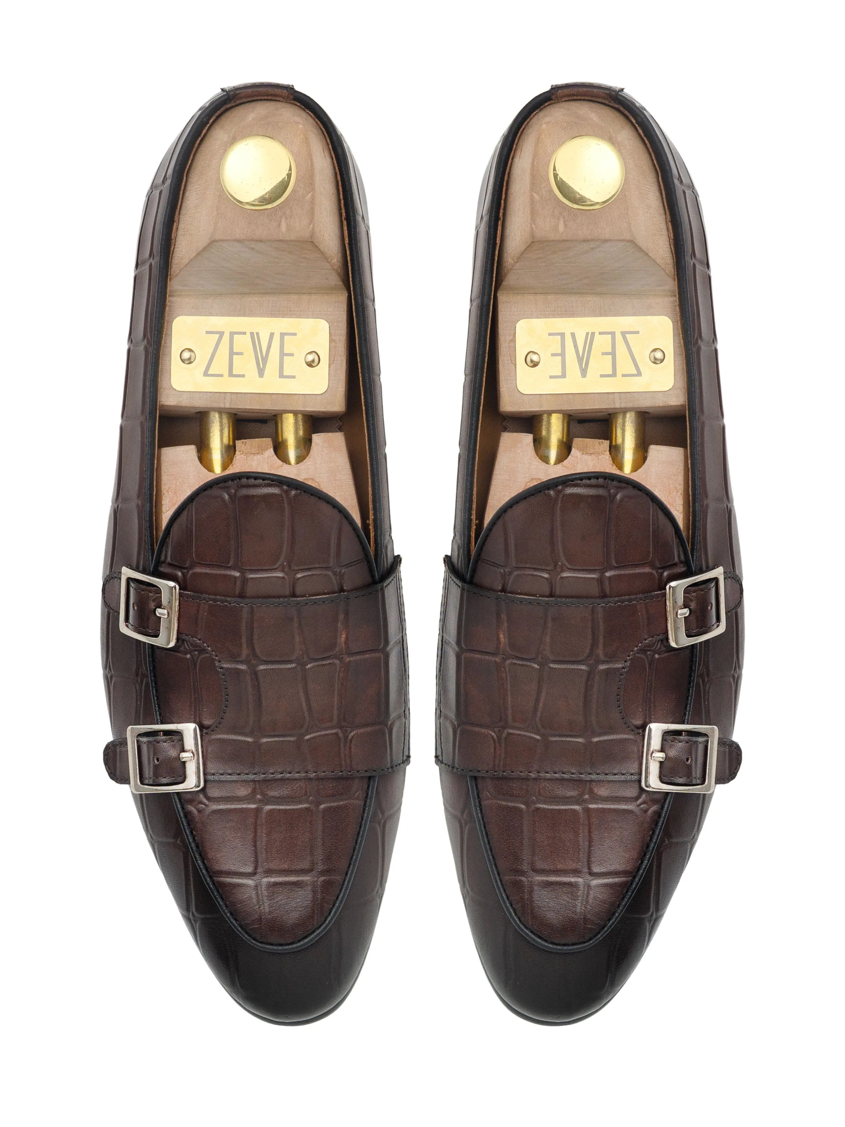 Loafer Belge - Double Boucle Croco Brun Foncé (Patine Peinte à la Main)