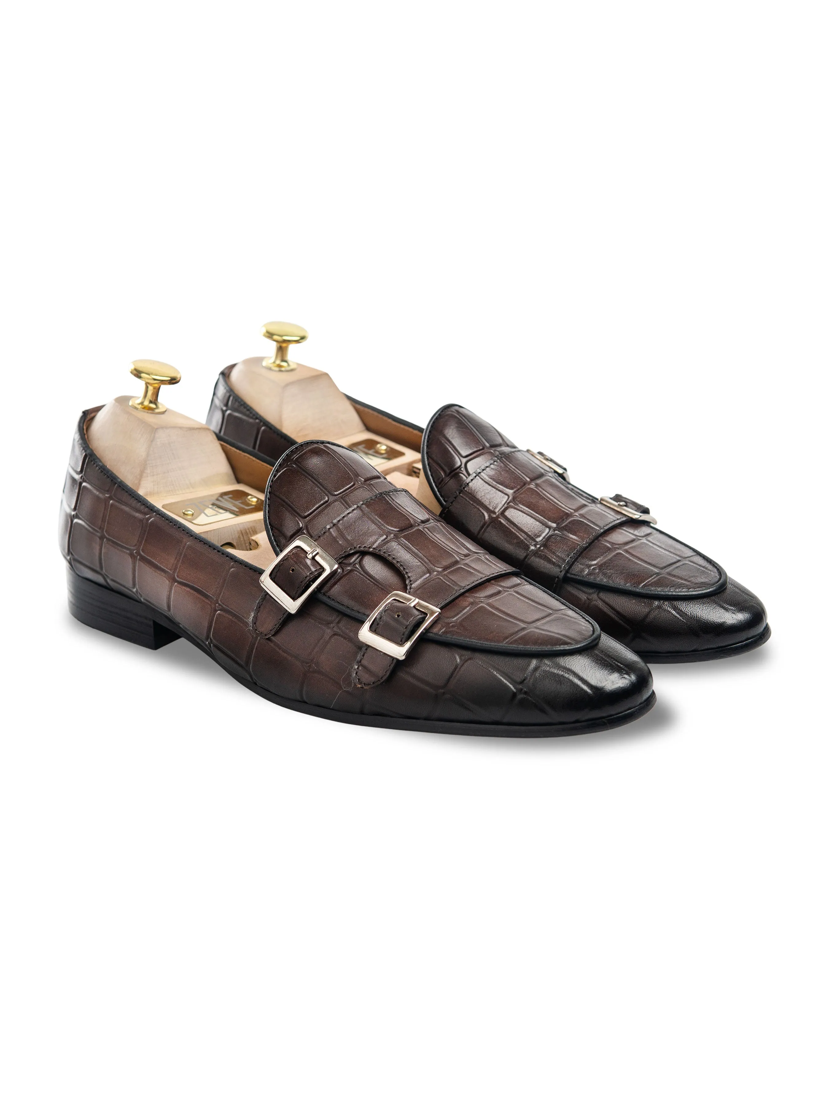 Loafer Belge - Double Boucle Croco Brun Foncé (Patine Peinte à la Main)