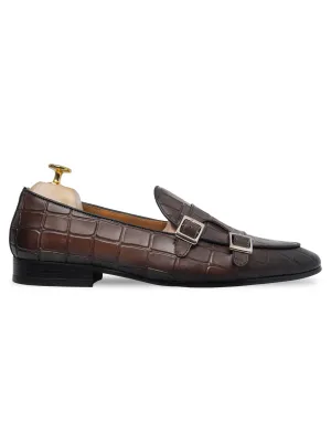 Loafer Belge - Double Boucle Croco Brun Foncé (Patine Peinte à la Main)