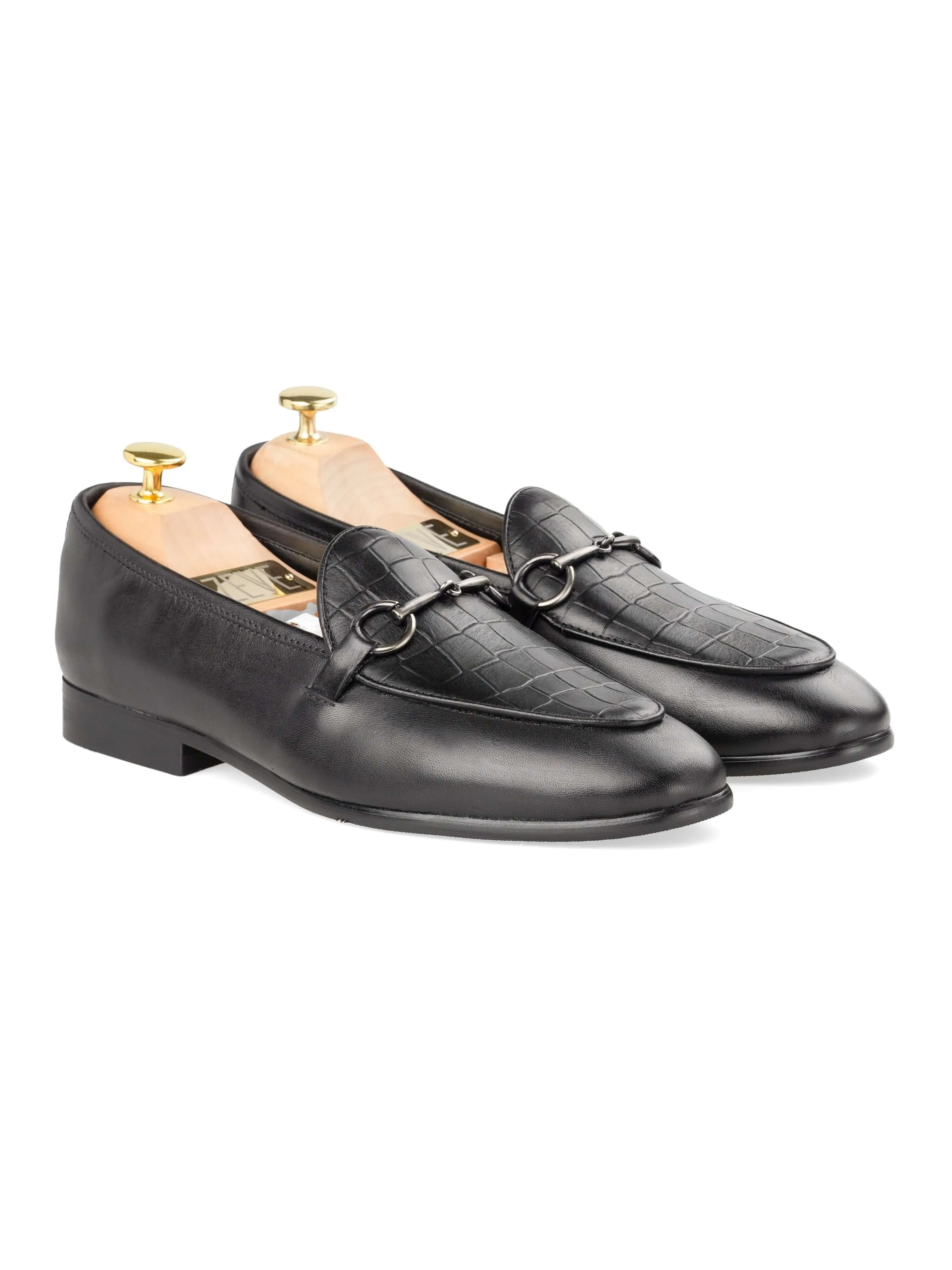 Mocassin Belge à boucle Horsebit - Noir uni & Croco (boucle argentée)