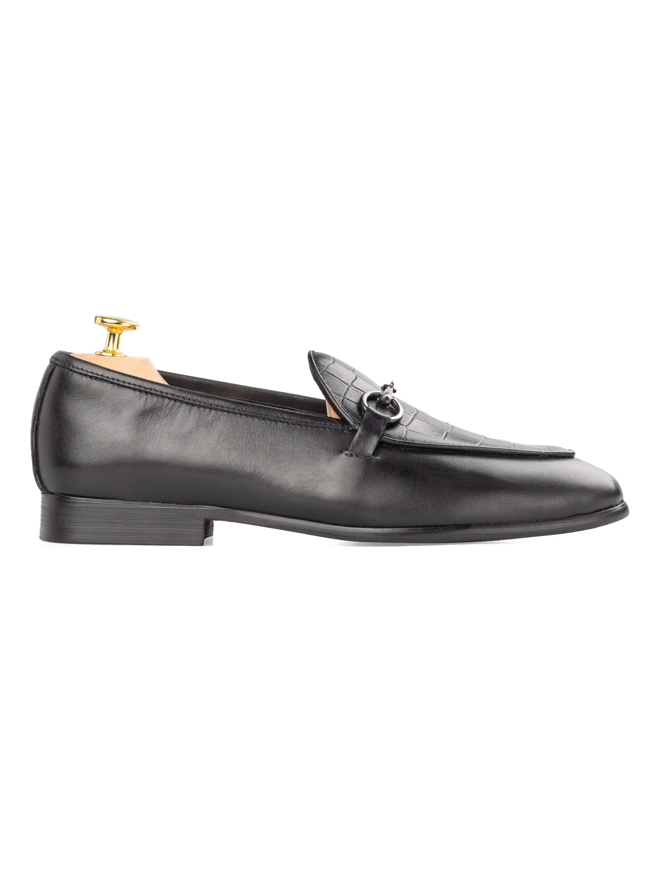 Mocassin Belge à boucle Horsebit - Noir uni & Croco (boucle argentée)