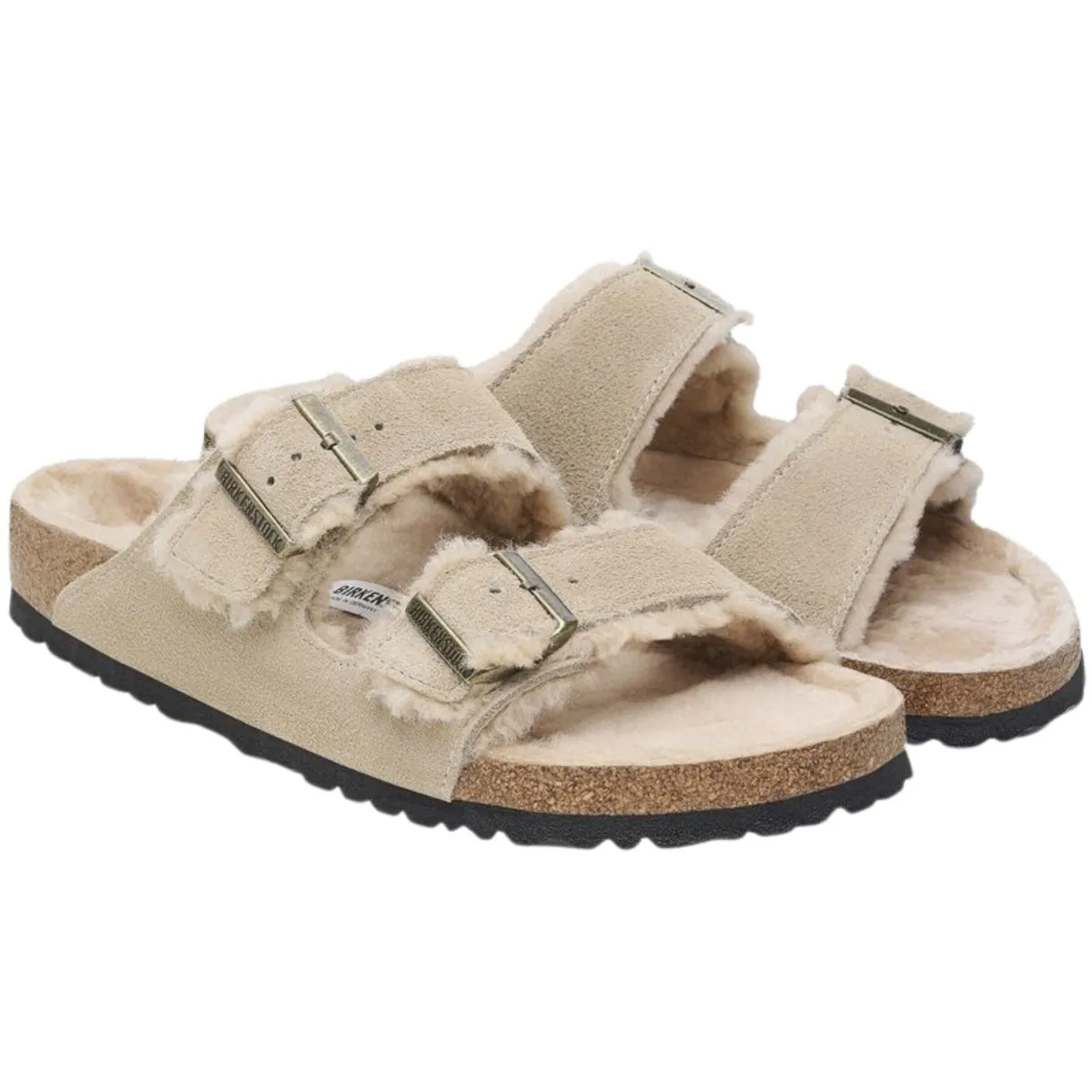 Birkenstock Femme Arizona en daim taupe doublé en shearling