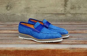 Mocassin Penny à Enfiler en Toile et Cuir Veau Bleu
