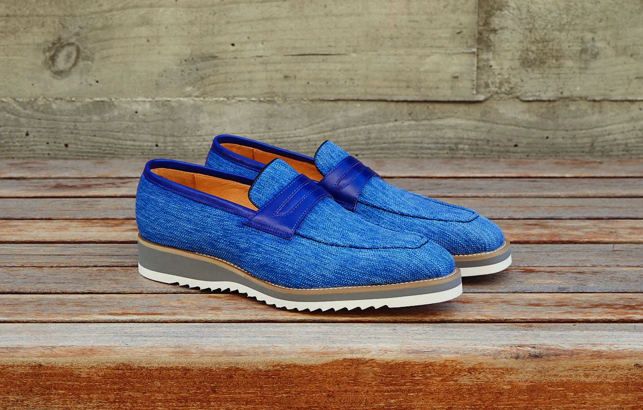 Mocassin Penny à Enfiler en Toile et Cuir Veau Bleu