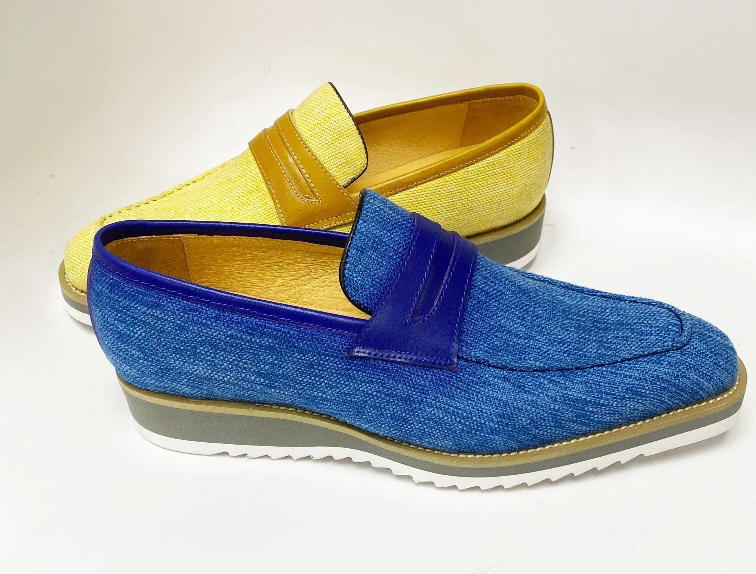 Mocassin Penny à Enfiler en Toile et Cuir Veau Bleu