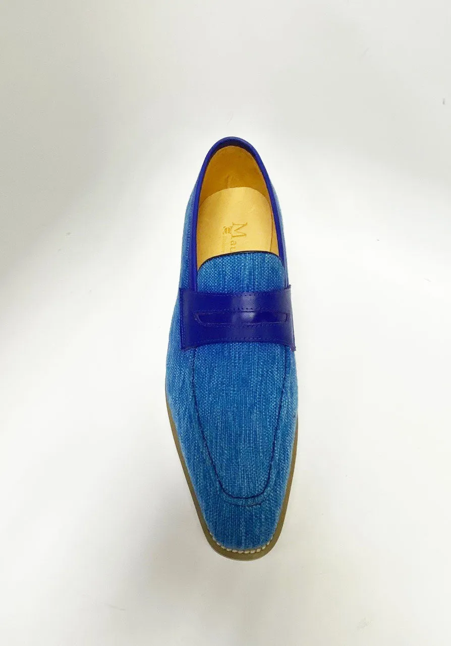 Mocassin Penny à Enfiler en Toile et Cuir Veau Bleu