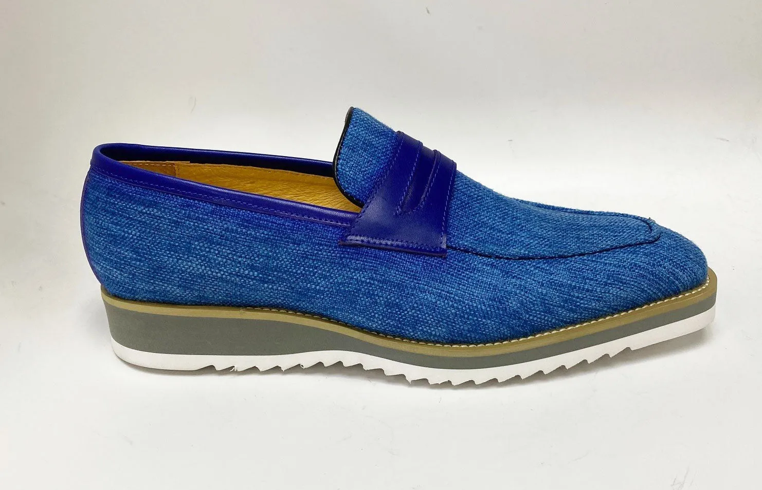 Mocassin Penny à Enfiler en Toile et Cuir Veau Bleu