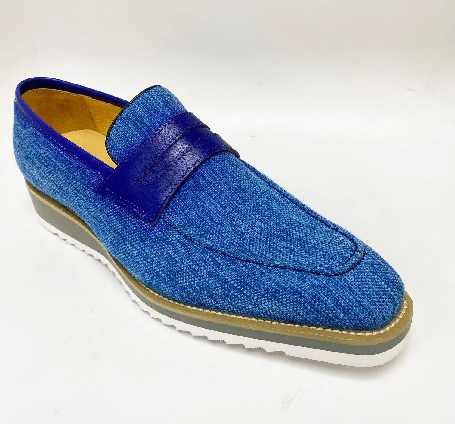 Mocassin Penny à Enfiler en Toile et Cuir Veau Bleu