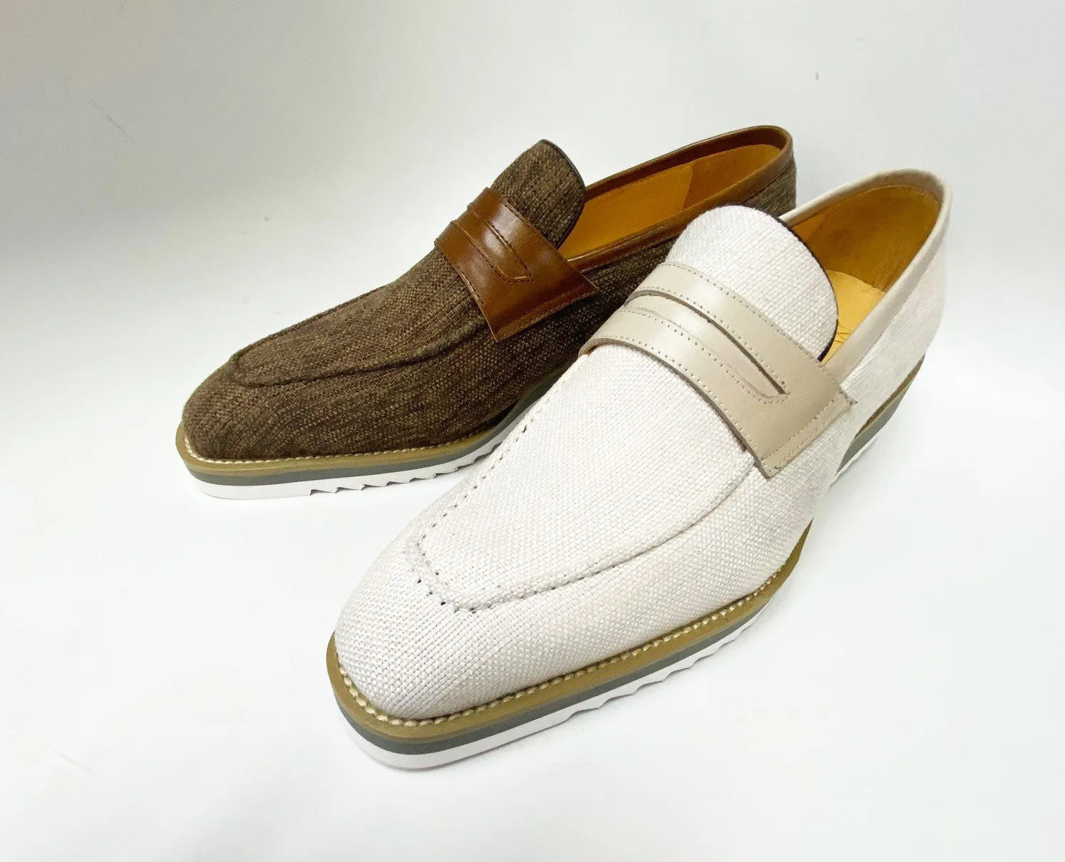 Mocassin Penny à Enfiler en Toile et Cuir Veau - Crème