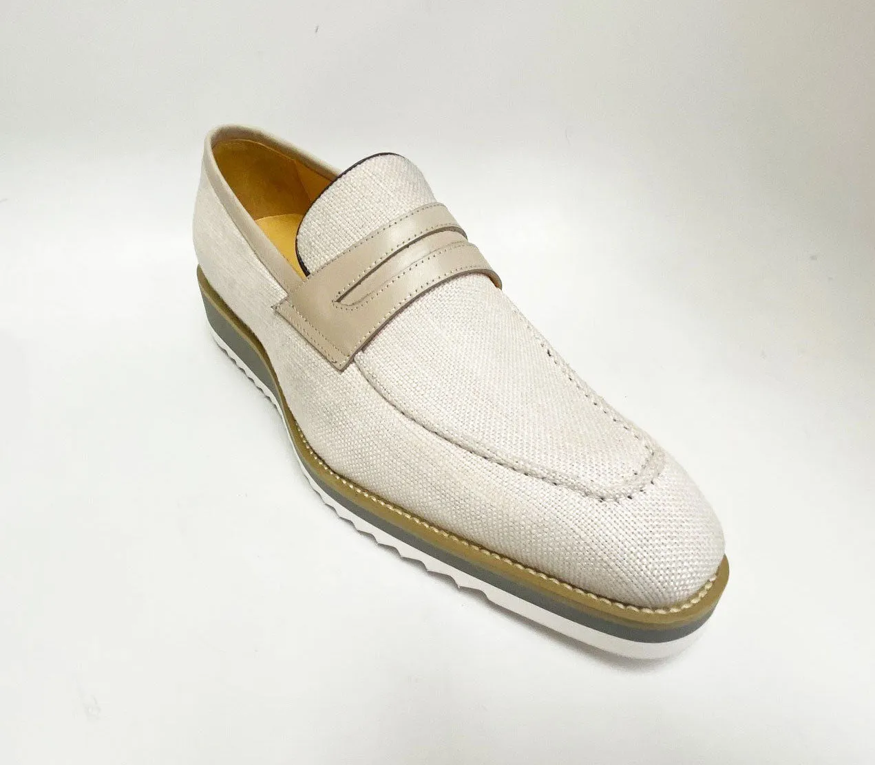 Mocassin Penny à Enfiler en Toile et Cuir Veau - Crème