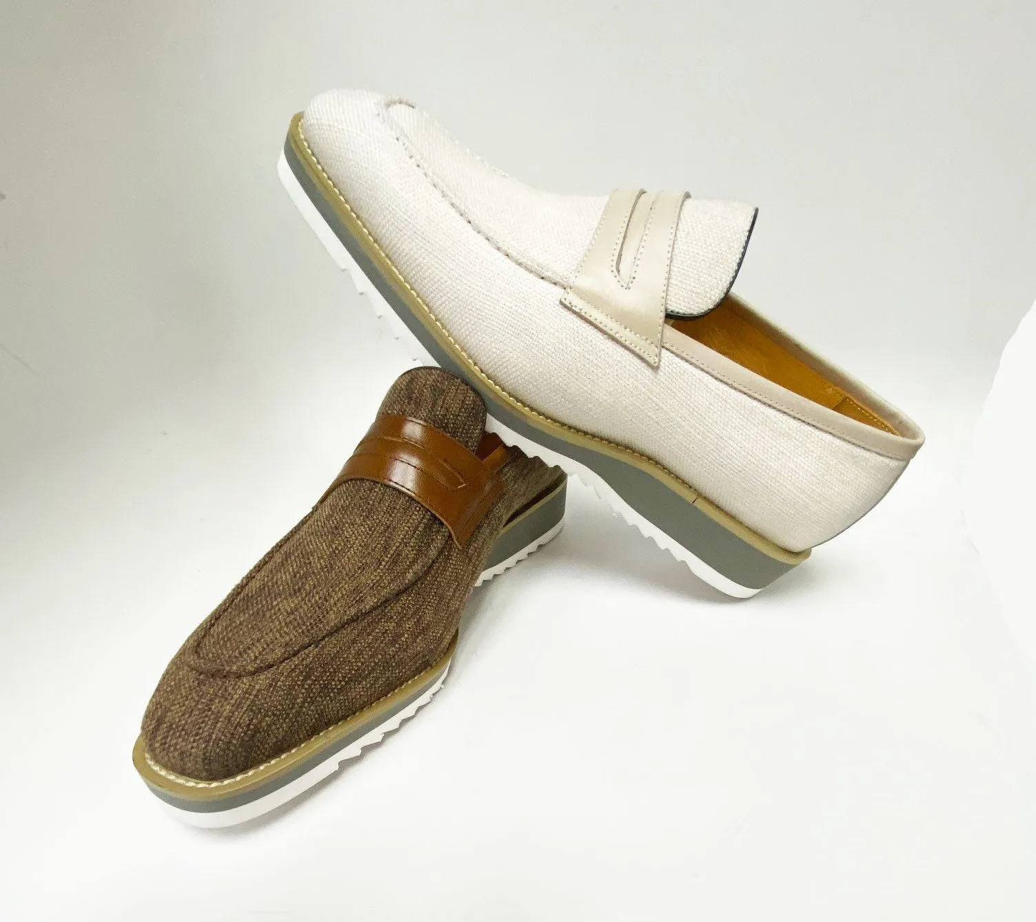 Mocassin Penny à Enfiler en Toile et Cuir Veau - Crème