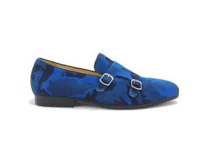 Chaussure Double Monkstrap en Suède Imprimé Carrucci Bleu