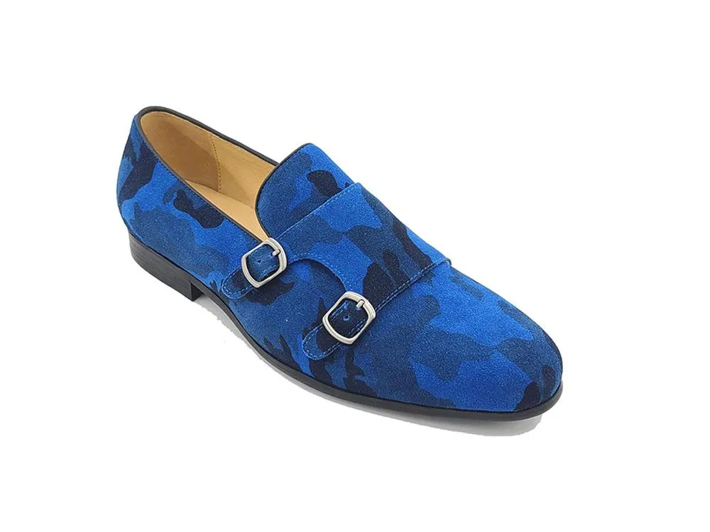 Chaussure Double Monkstrap en Suède Imprimé Carrucci Bleu