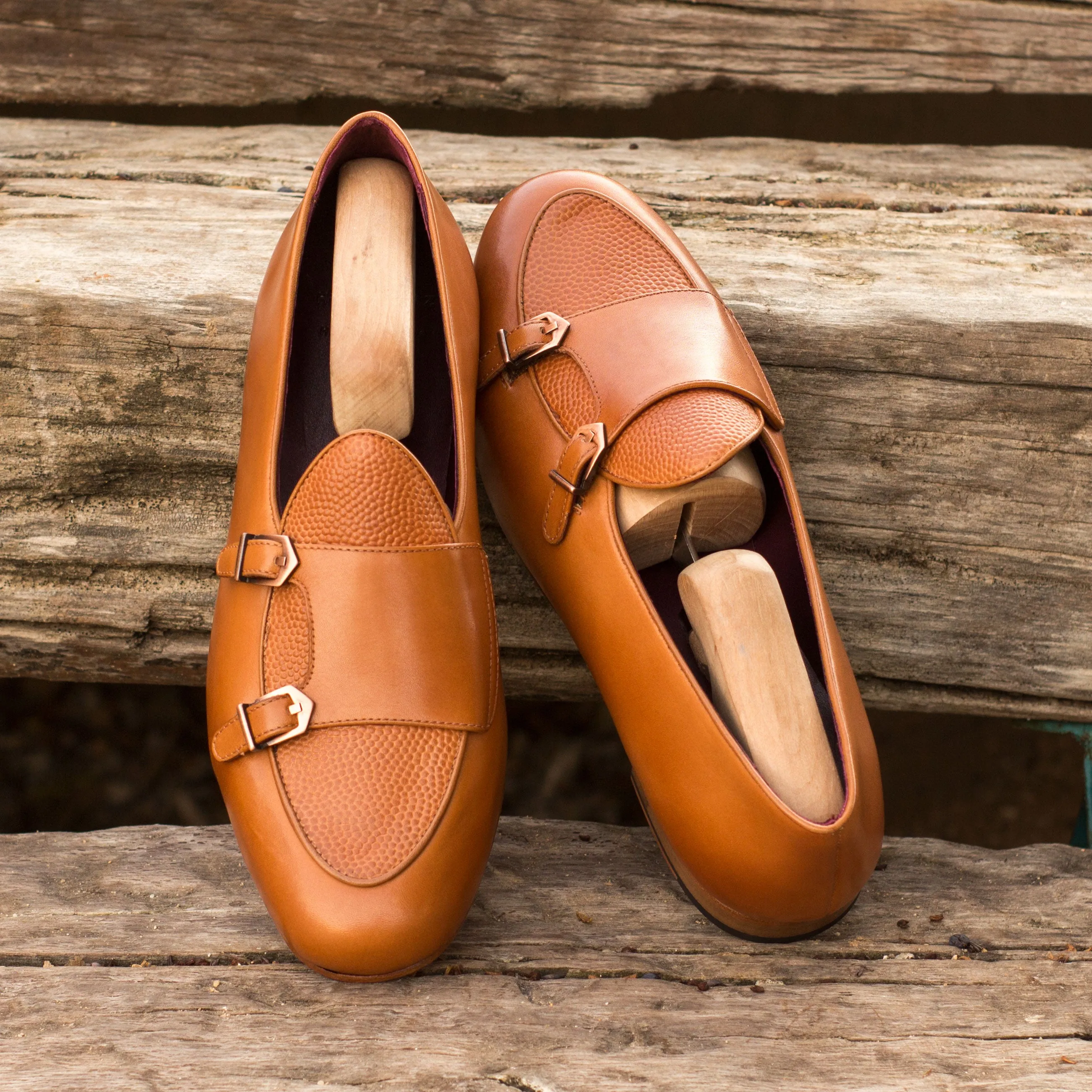 Dapperfam Shoes DapperFam Rialto en Cuir Italien & Cuir Italien à Grain de Galet Mocassin Moine pour Hommes en Beige / Cognac