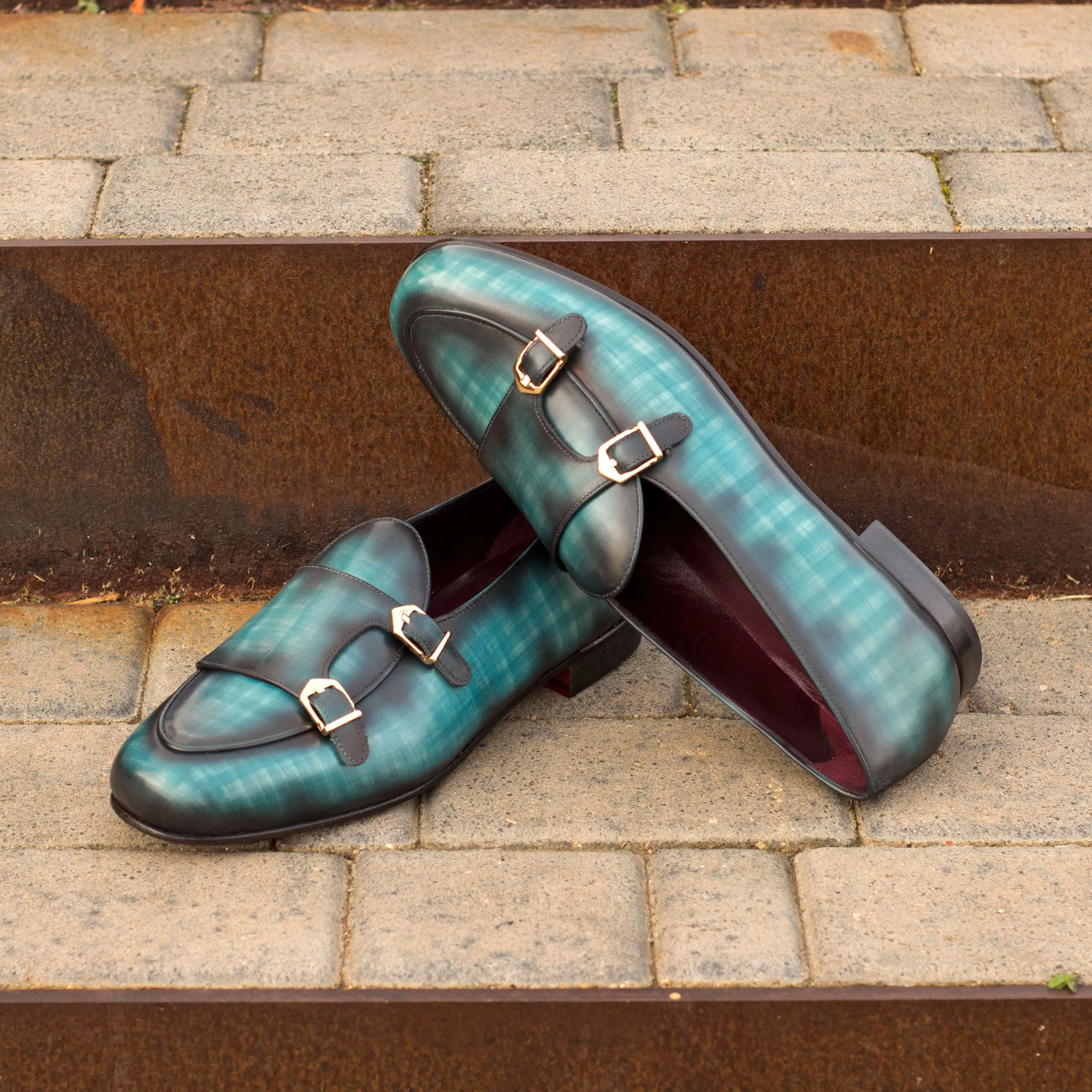 Dapperfam Shoes DapperFam Rialto en Turquoise Mocassin Moine Patine à la Main pour Hommes