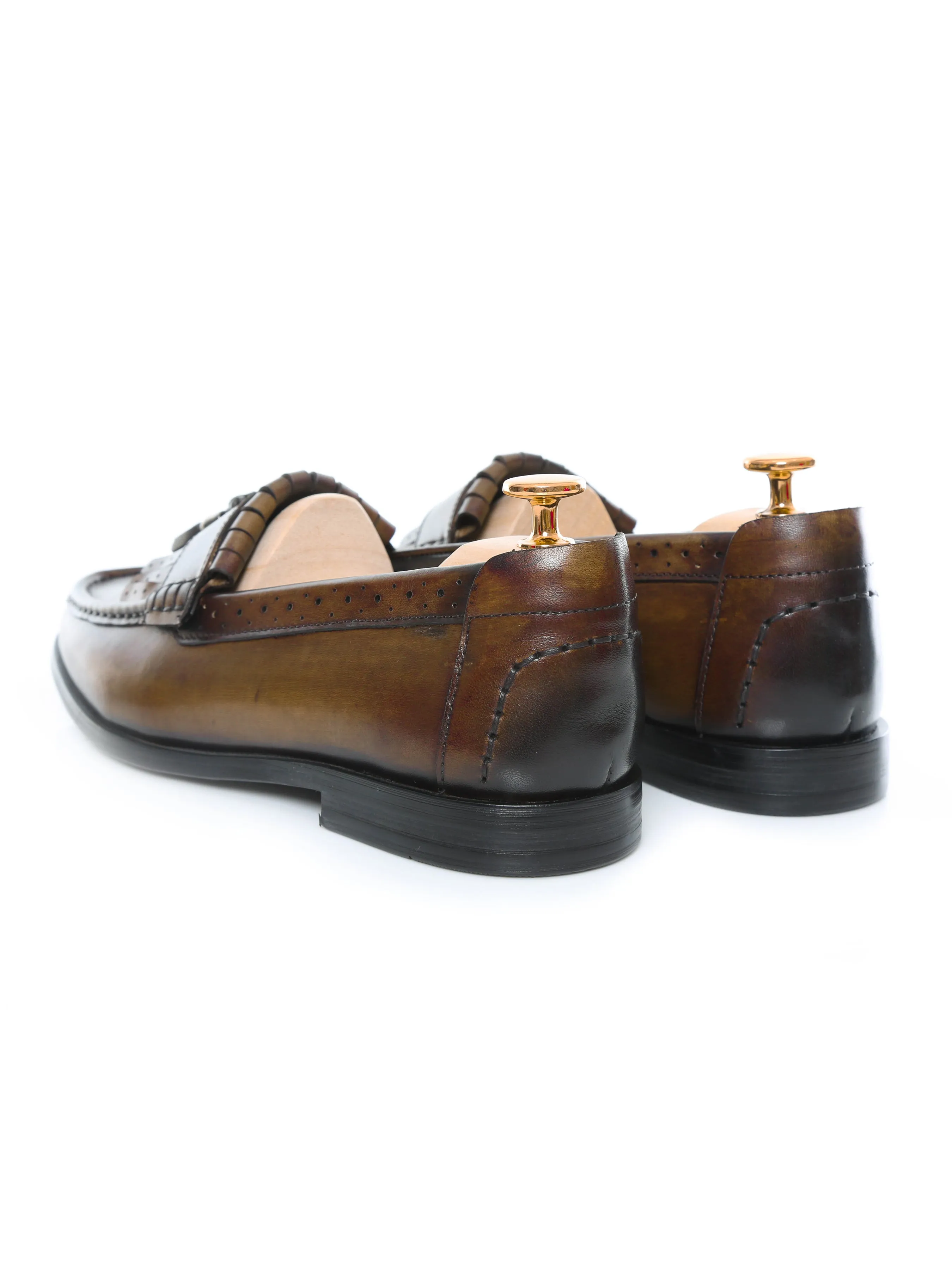 Loafer Classique Fringe - Kaki avec Pompon (Patine Peinte à la Main)