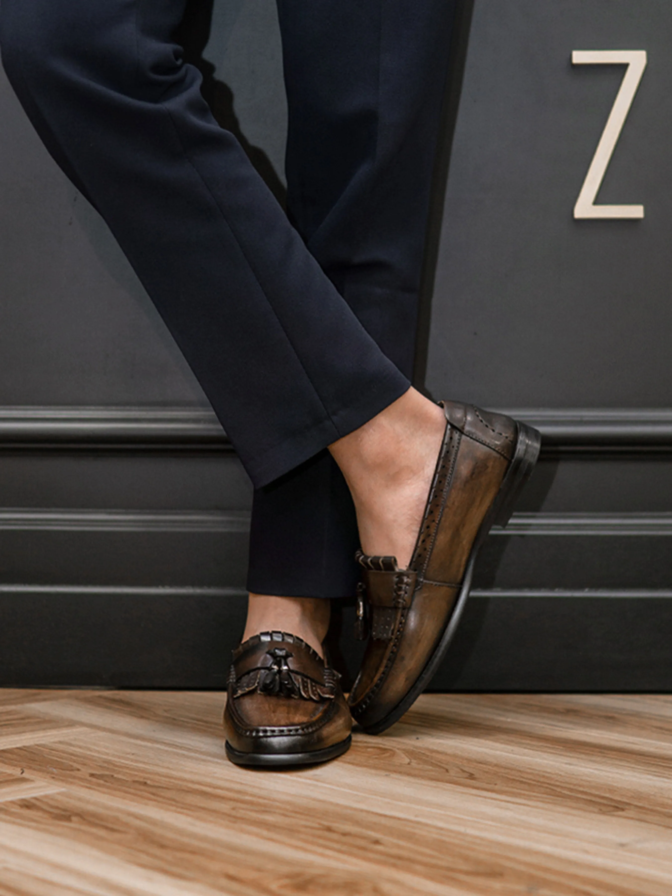 Loafer Classique Fringe - Kaki avec Pompon (Patine Peinte à la Main)