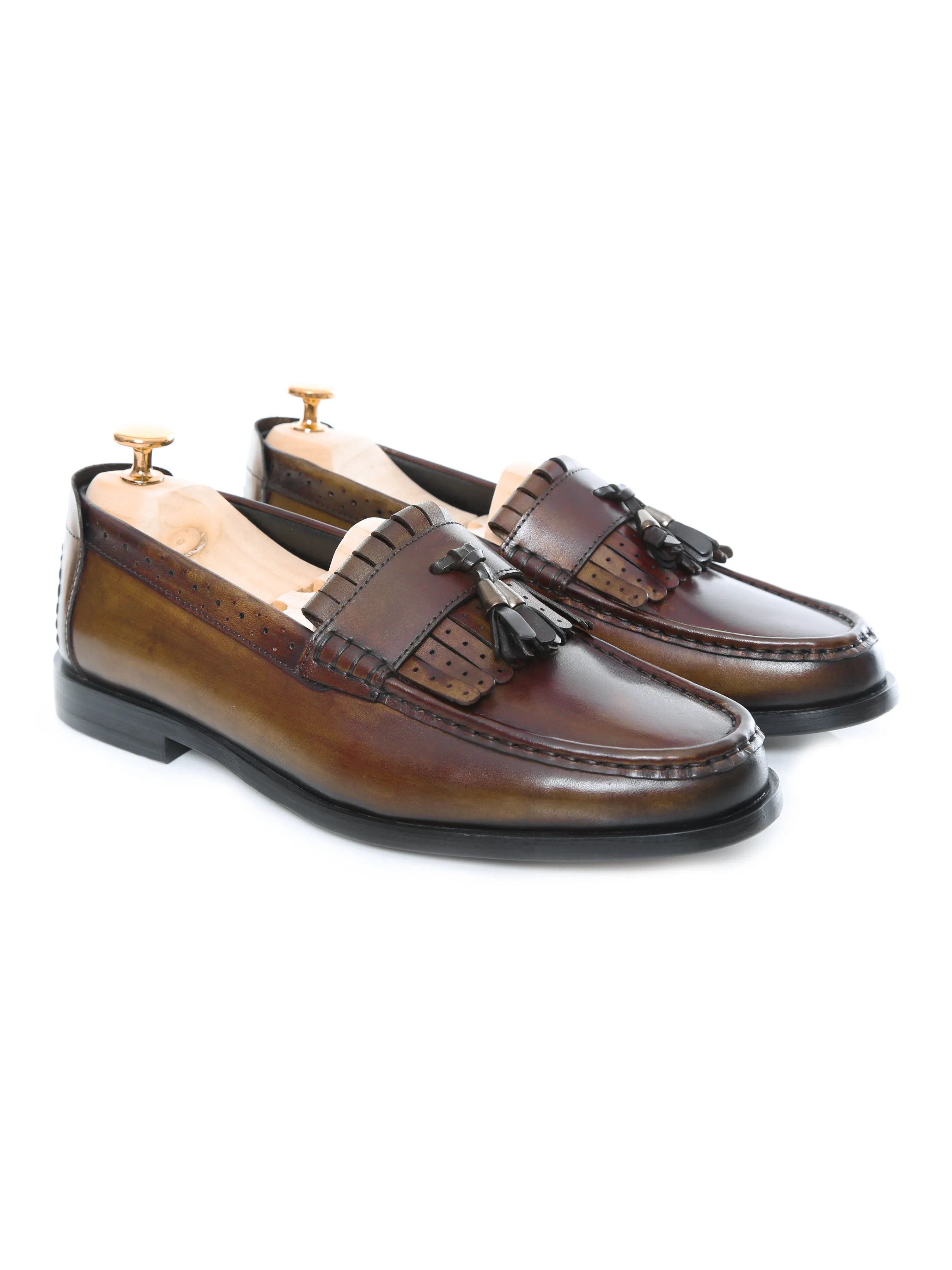 Loafer Classique Fringe - Kaki avec Pompon (Patine Peinte à la Main)