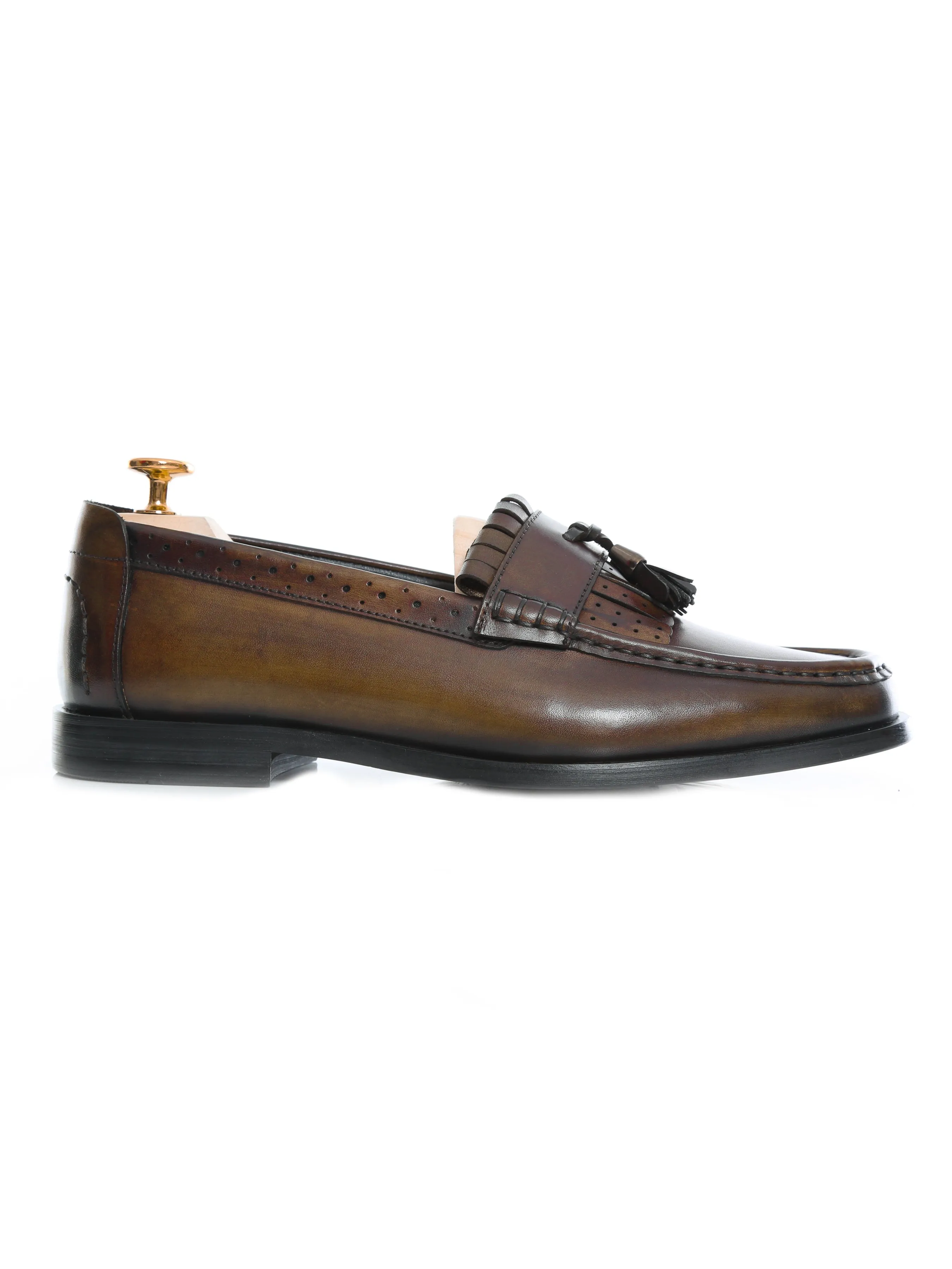 Loafer Classique Fringe - Kaki avec Pompon (Patine Peinte à la Main)