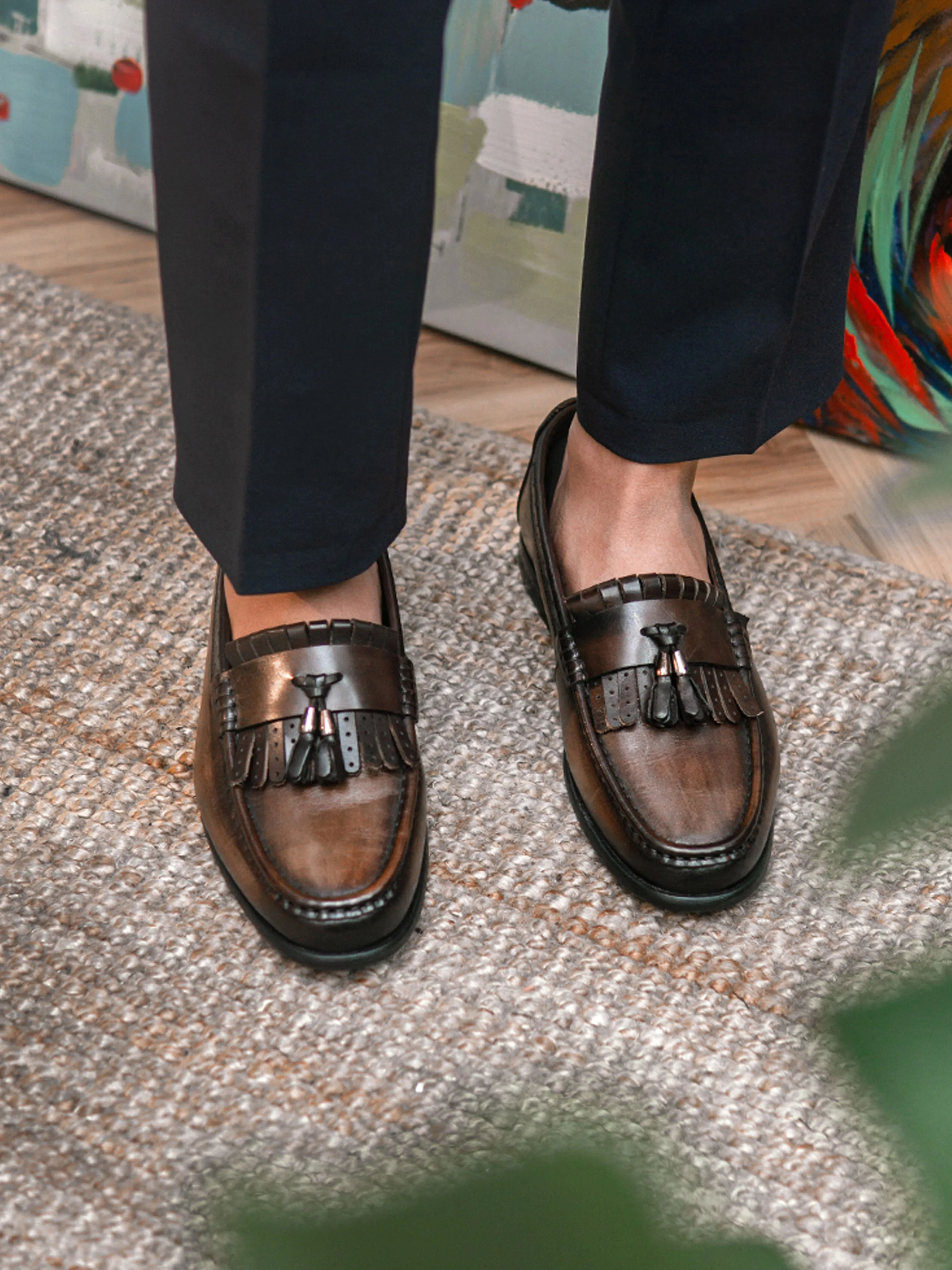 Loafer Classique Fringe - Kaki avec Pompon (Patine Peinte à la Main)