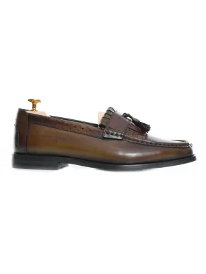 Loafer Classique Fringe - Kaki avec Pompon (Patine Peinte à la Main)