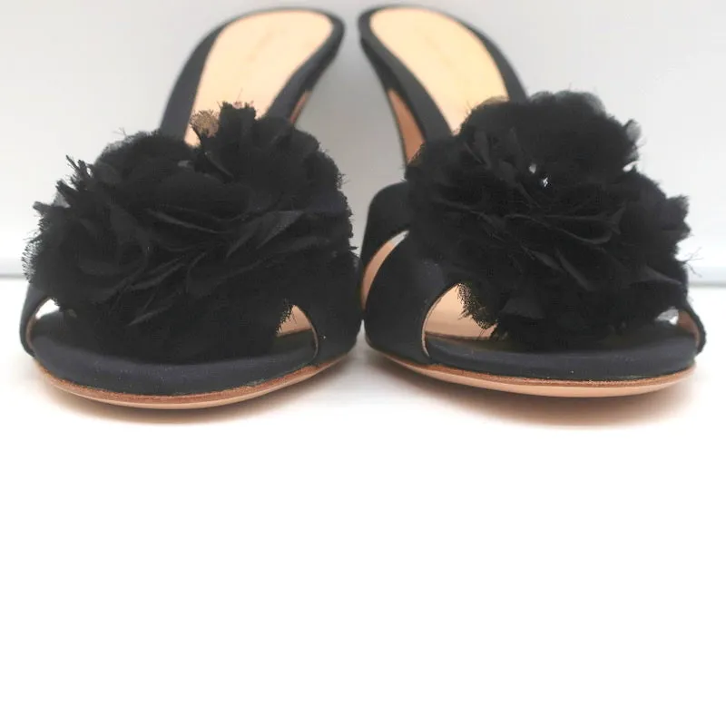 Gianvito Rossi Mules à Fleurs Perlees Satin Noir Taille 39 Talons Ouverts NEUF