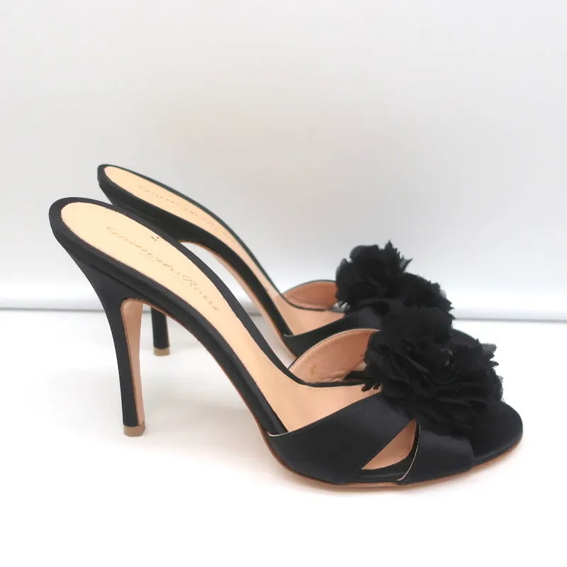 Gianvito Rossi Mules à Fleurs Perlees Satin Noir Taille 39 Talons Ouverts NEUF