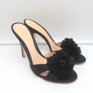 Gianvito Rossi Mules à Fleurs Perlees Satin Noir Taille 39 Talons Ouverts NEUF