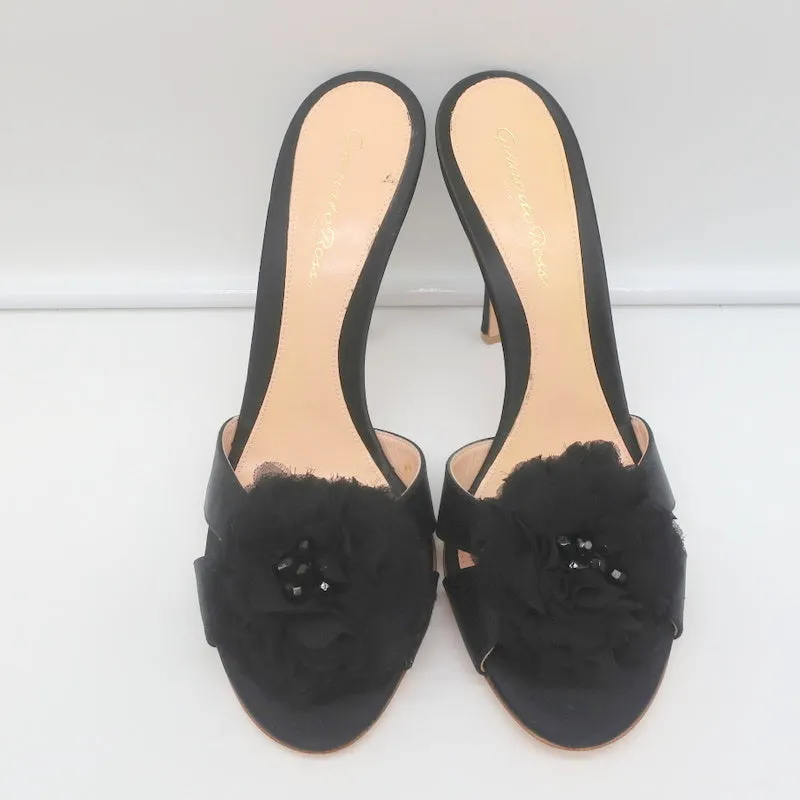 Gianvito Rossi Mules à Fleurs Perlees Satin Noir Taille 39 Talons Ouverts NEUF