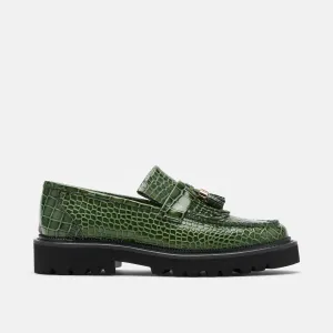 Mocassin à glands en cuir de crocodile vert Journey